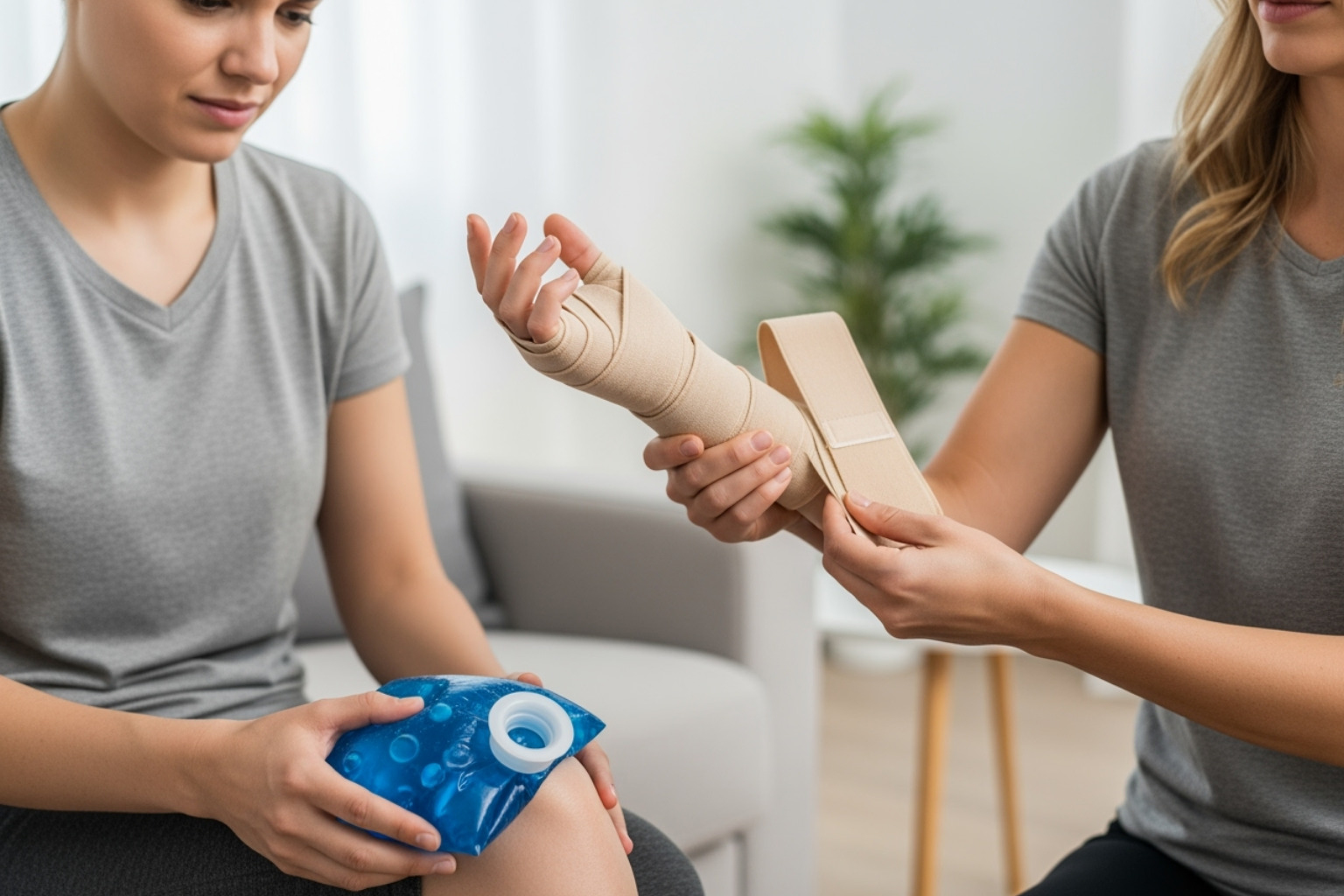 R.I.C.E method in action: ice pack on knee, compression wrap on wrist - cream for tendonitis