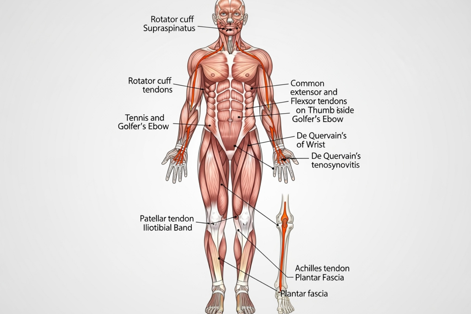 Common tendonitis locations including shoulder, elbow, wrist, knee, and heel - cream for tendonitis