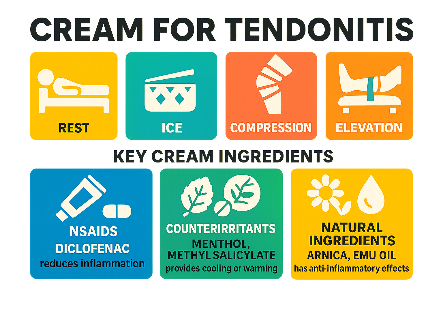 Infographic showing the R.I.C.E. method (Rest, Ice, Compression, Elevation) with icons for each step, plus a section displaying key cream ingredients including NSAIDs like diclofenac, counterirritants like menthol and methyl salicylate, and natural ingredients like arnica and emu oil, with brief explanations of how each type provides tendonitis relief - cream for tendonitis infographic 