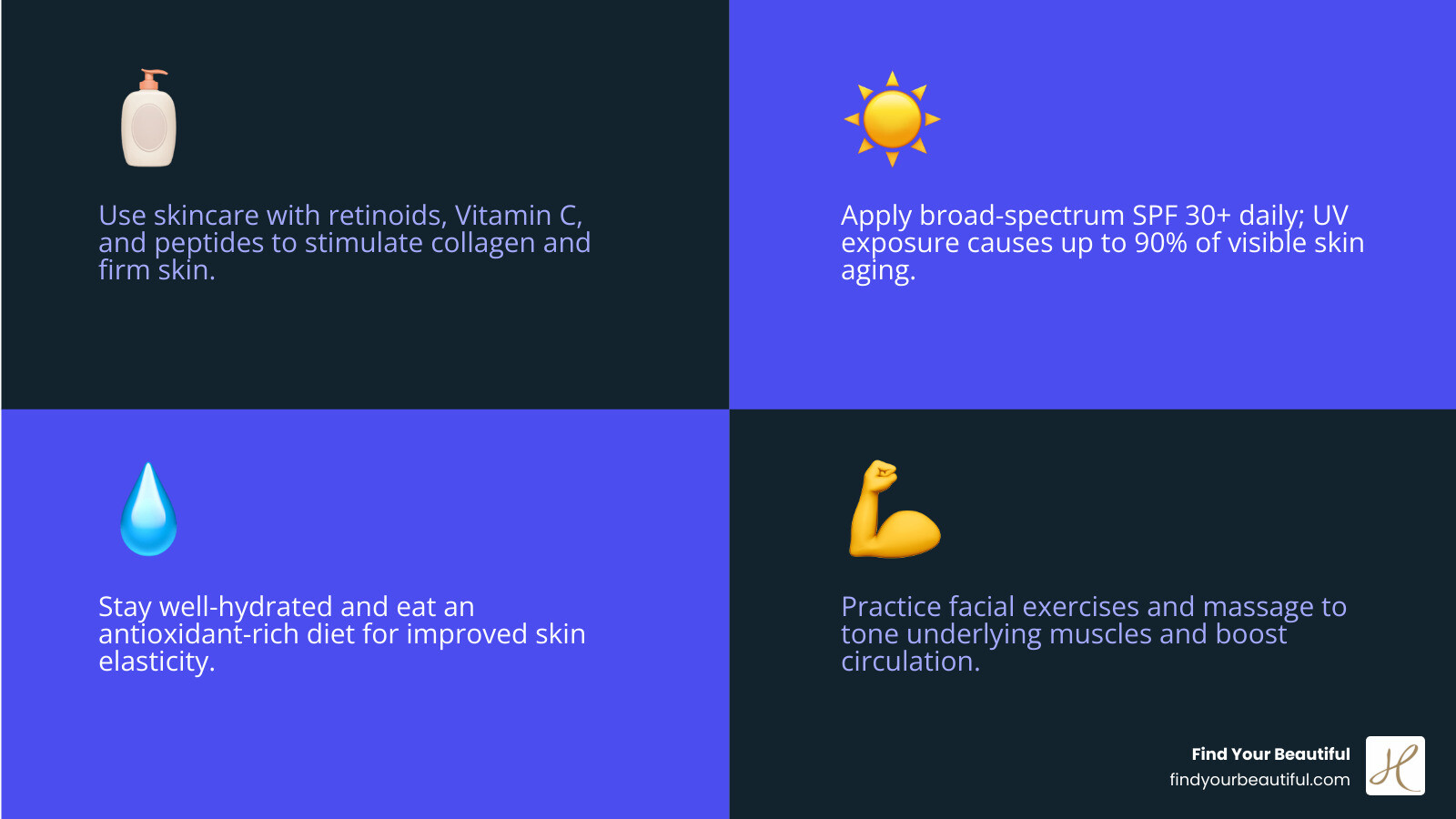 Infographic showing key lifestyle habits for healthy skin: Daily SPF, Balanced Diet, Hydration, Regular Exercise, Quality Sleep, Stress Management, and No Smoking - facelift alternatives for jowls infographic 4_facts_emoji_blue Infographic showing key lifestyle habits for healthy skin: Daily SPF, Balanced Diet, Hydration, Regular Exercise, Quality Sleep, Stress Management, and No Smoking - facelift alternatives for jowls infographic 4_facts_emoji_blue