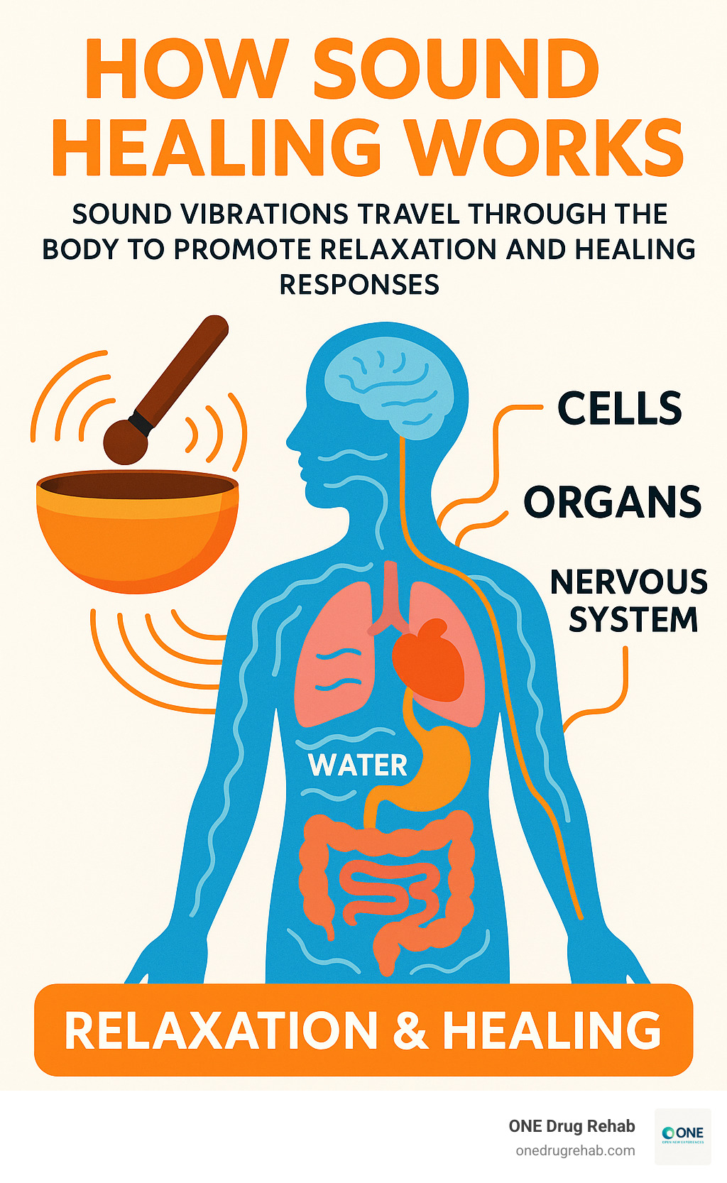 Infographic showing how sound vibrations travel through the body's water content to reach cells, organs, and the nervous system, promoting relaxation and healing responses - sound healing therapy infographic 
