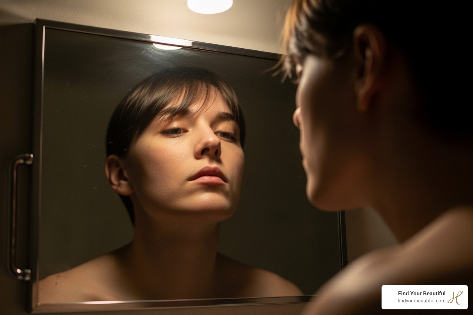 Person looking at their jawline reflection - facelift alternatives for jowls Person looking at their jawline reflection - facelift alternatives for jowls