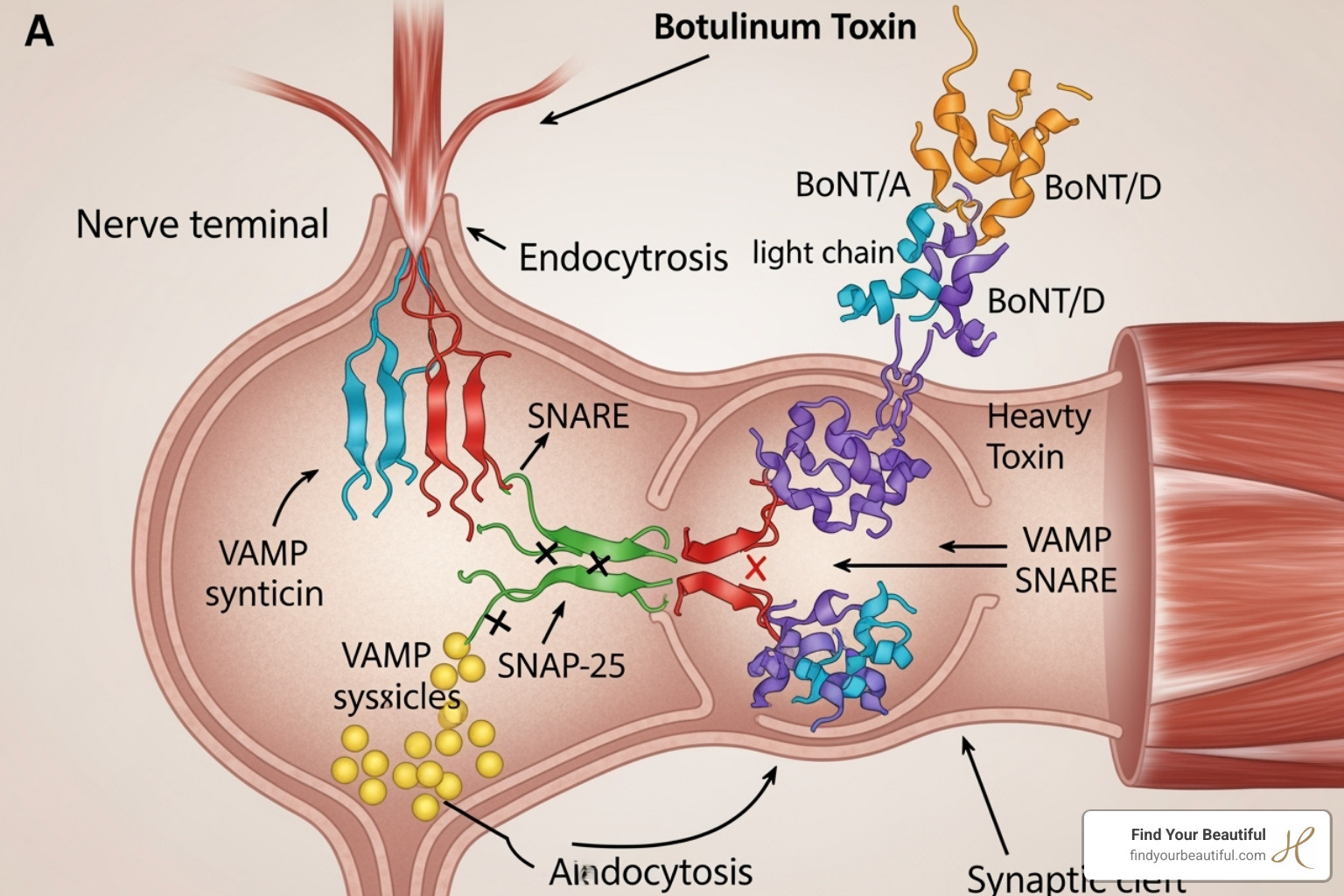 Illustration of Botox mechanism of action showing nerve signal blocking at the muscle junction - best botox in san antonio Illustration of Botox mechanism of action showing nerve signal blocking at the muscle junction - best botox in san antonio