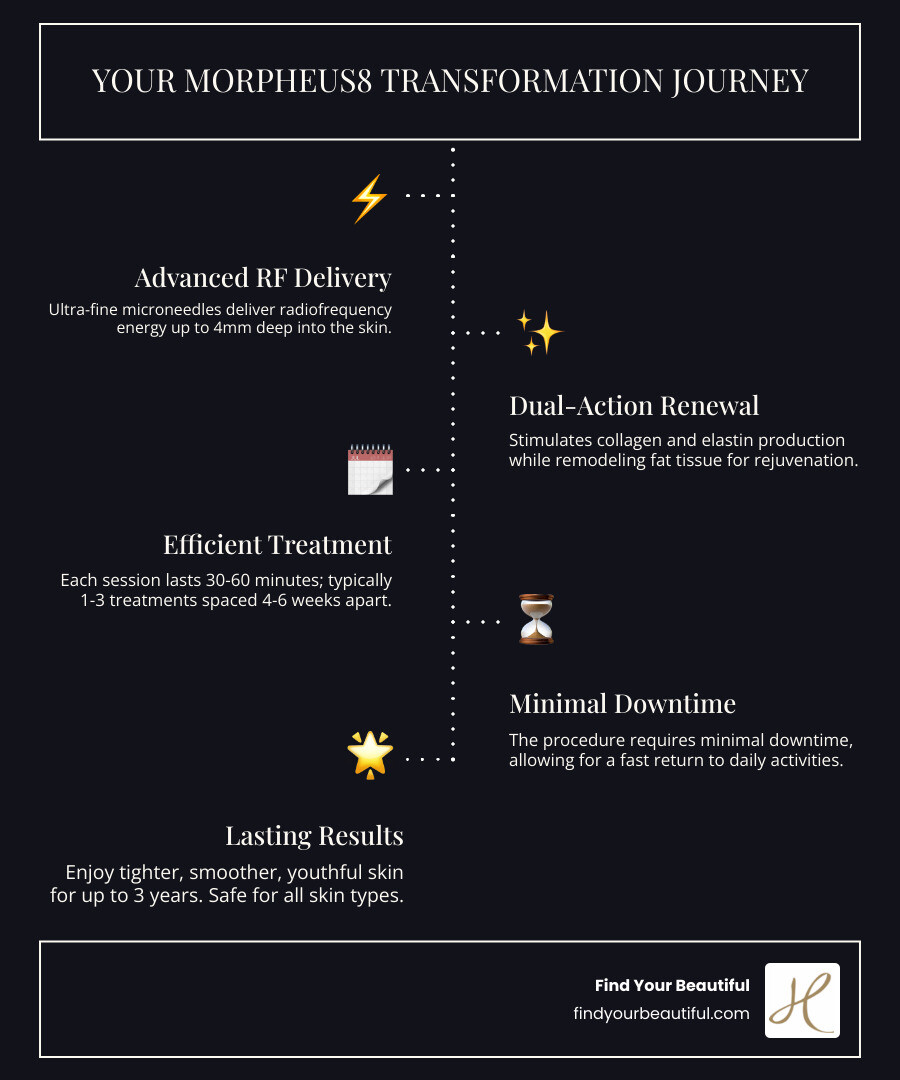 Infographic showing Morpheus8's radiofrequency microneedling process penetrating skin layers to stimulate collagen production, with treatment areas highlighted on face and body, timeline showing 1-3 sessions over 4-6 weeks, and results progression from initial improvement at 3 weeks to optimal results at 3-6 months - morpheus8 san antonio infographic infographic-line-5-steps-dark Infographic showing Morpheus8's radiofrequency microneedling process penetrating skin layers to stimulate collagen production, with treatment areas highlighted on face and body, timeline showing 1-3 sessions over 4-6 weeks, and results progression from initial improvement at 3 weeks to optimal results at 3-6 months - morpheus8 san antonio infographic infographic-line-5-steps-dark