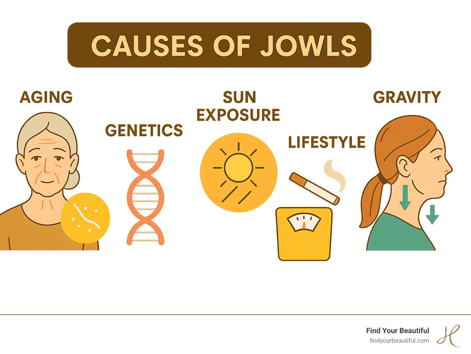 Infographic showing the primary causes of jowl formation: aging process with collagen loss over time, genetic predisposition factors, sun exposure and UV damage effects, lifestyle factors including smoking and weight fluctuations, and gravity's downward pull on facial tissues - facelift alternatives for jowls infographic Infographic showing the primary causes of jowl formation: aging process with collagen loss over time, genetic predisposition factors, sun exposure and UV damage effects, lifestyle factors including smoking and weight fluctuations, and gravity's downward pull on facial tissues - facelift alternatives for jowls infographic