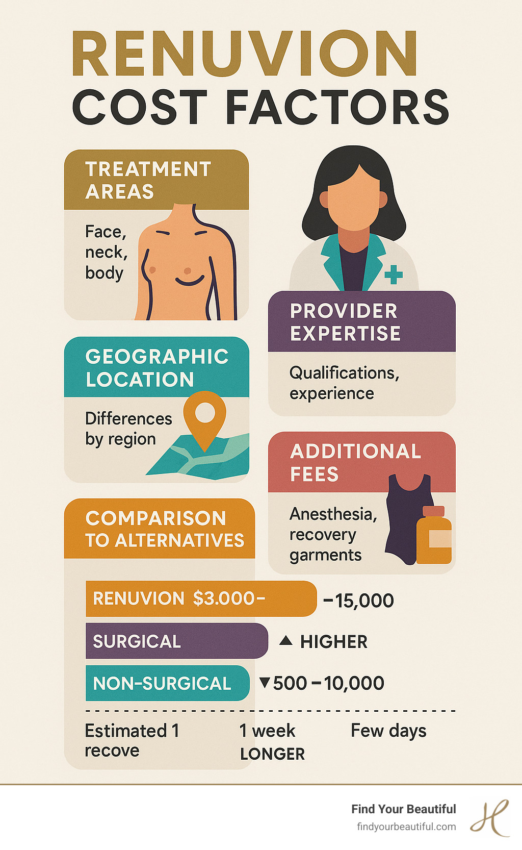 Detailed breakdown of Renuvion cost factors including treatment areas, provider expertise, geographic location, additional fees, and comparison with alternative treatments showing price ranges and recovery times - renuvion cost infographic 