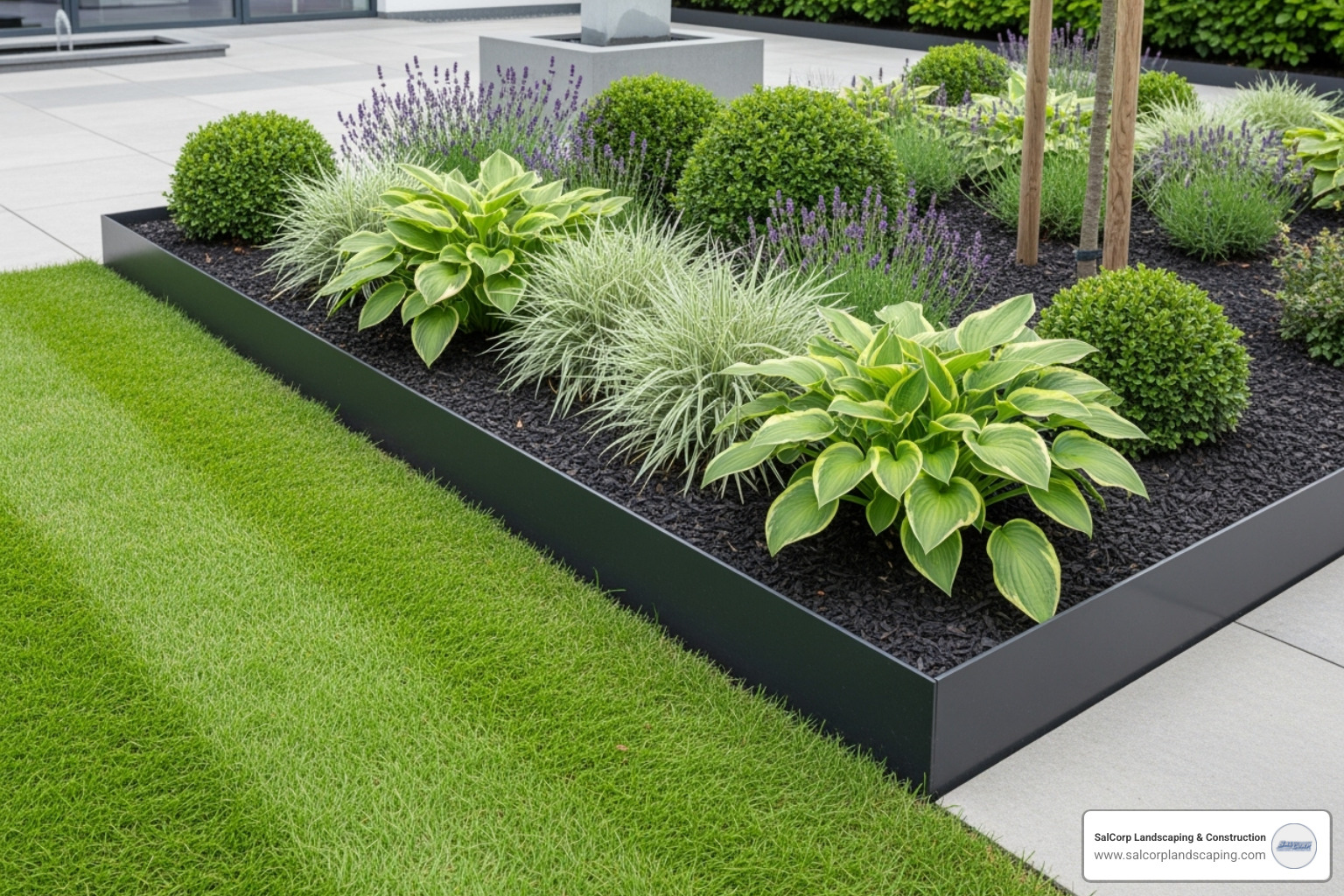 A modern garden featuring sleek metal landscape edging contrasting with lush greenery and clean lines - Timber landscape edging