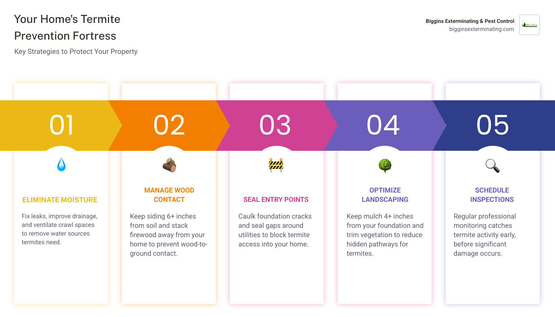 Comprehensive termite prevention guide showing moisture control, wood management, foundation sealing, and professional inspection schedules with seasonal timing recommendations - termite prevention infographic pillar-5-steps