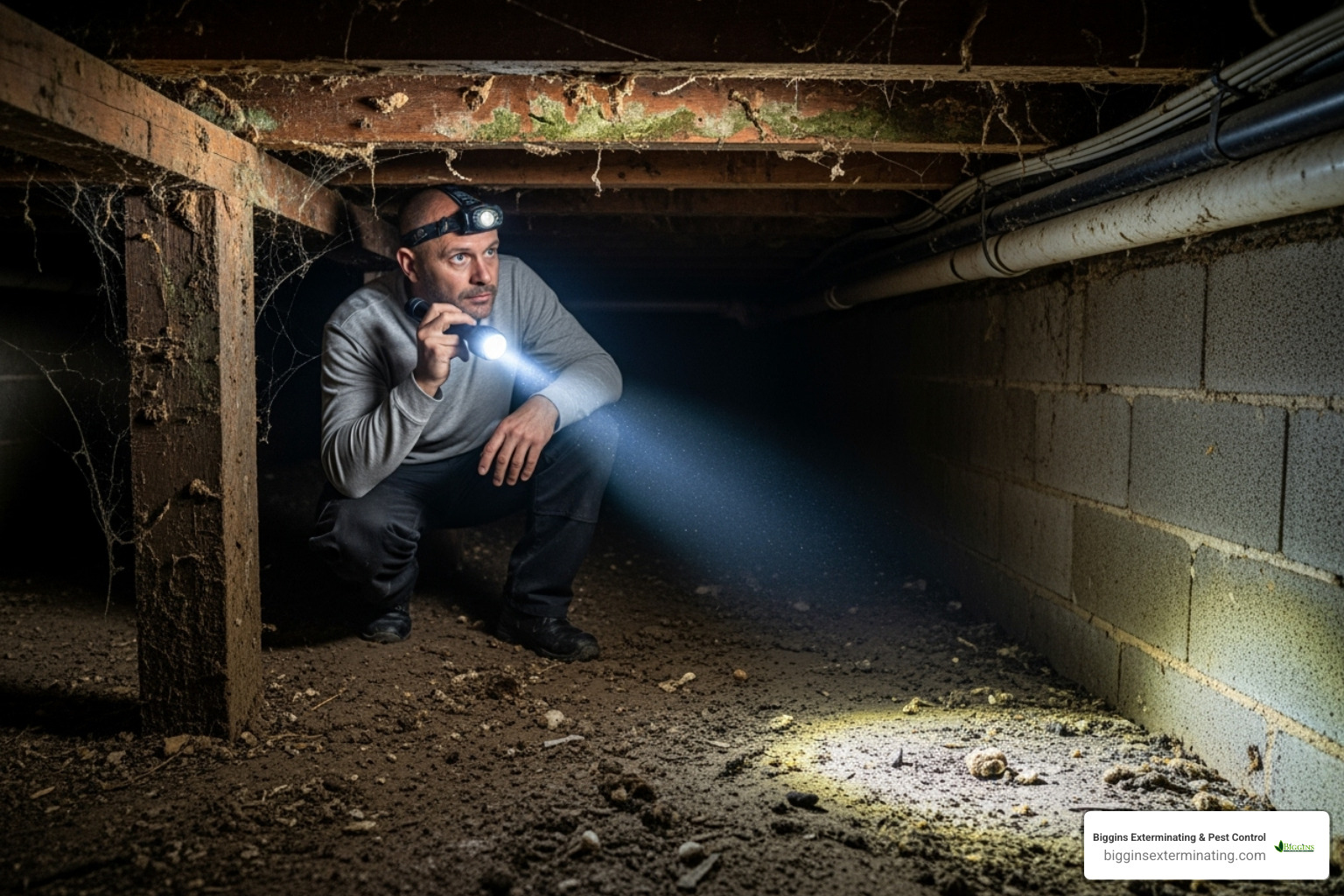 Pest control professional inspecting a crawl space - termite prevention