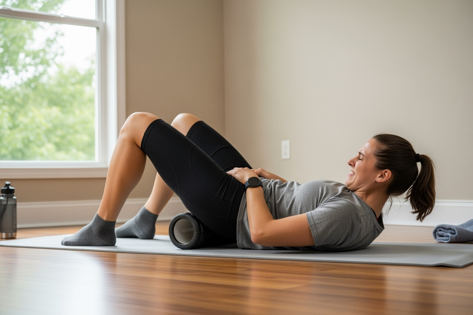 person using a foam roller on their leg - what helps sore muscles after workout