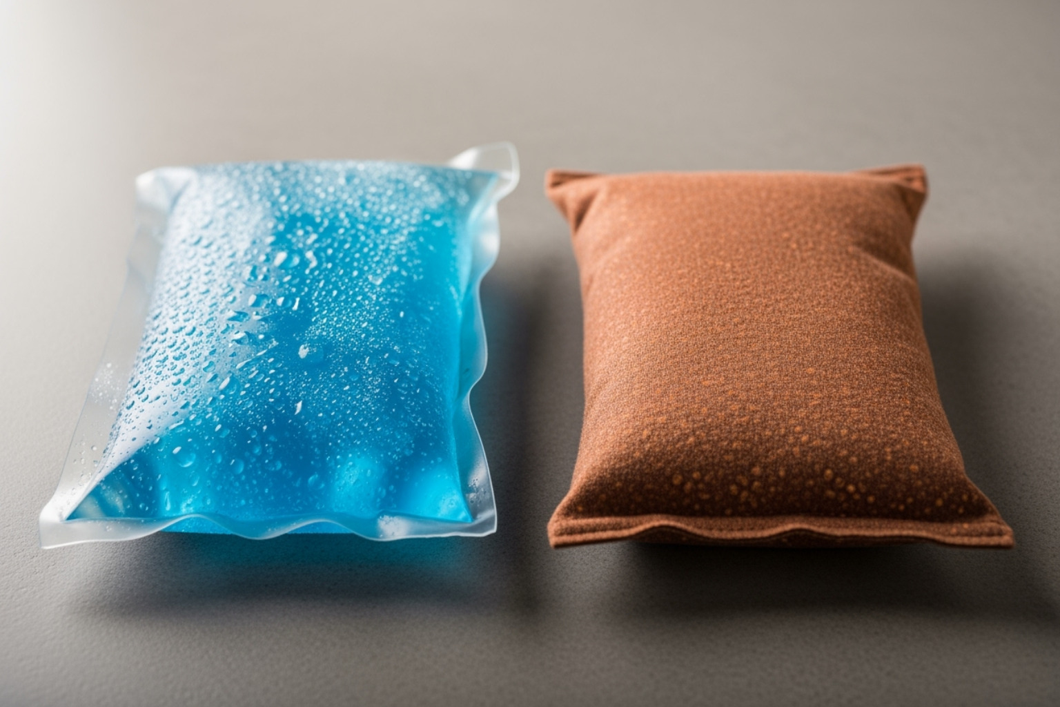ice pack and a heat pack side-by-side - what helps sore muscles after workout