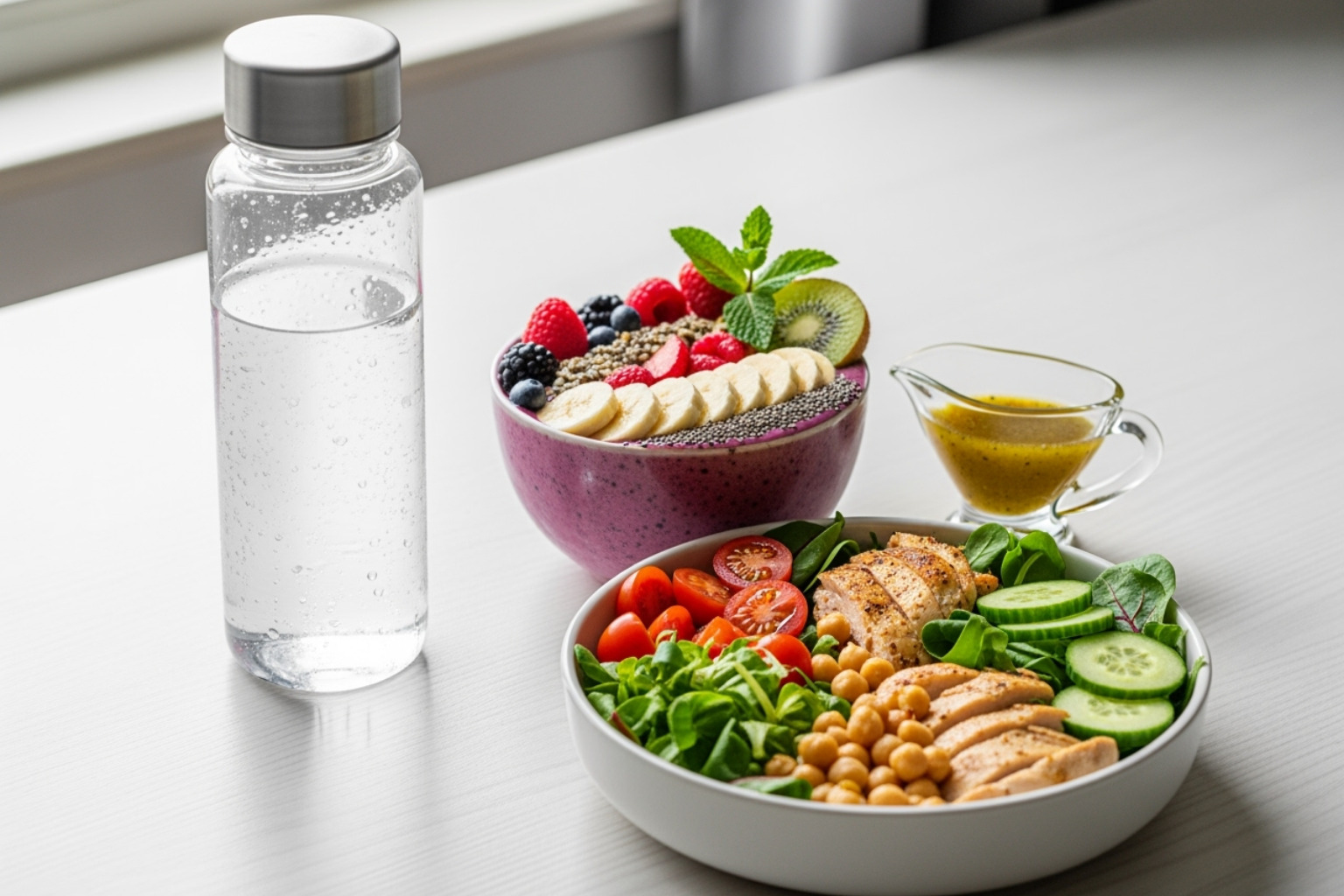 water bottle and a healthy post-workout meal - what helps sore muscles after workout