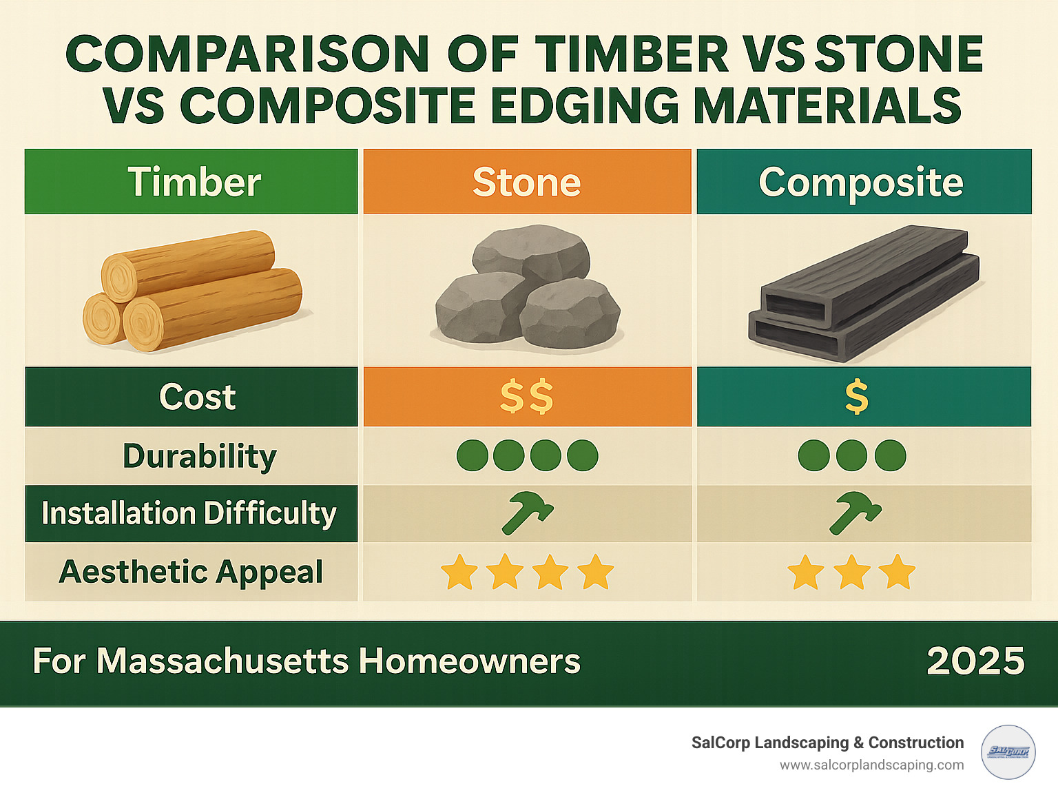 Comparison of timber vs stone vs composite edging materials showing cost, durability, installation difficulty, and aesthetic appeal for Massachusetts homeowners - Timber landscape edging infographic 