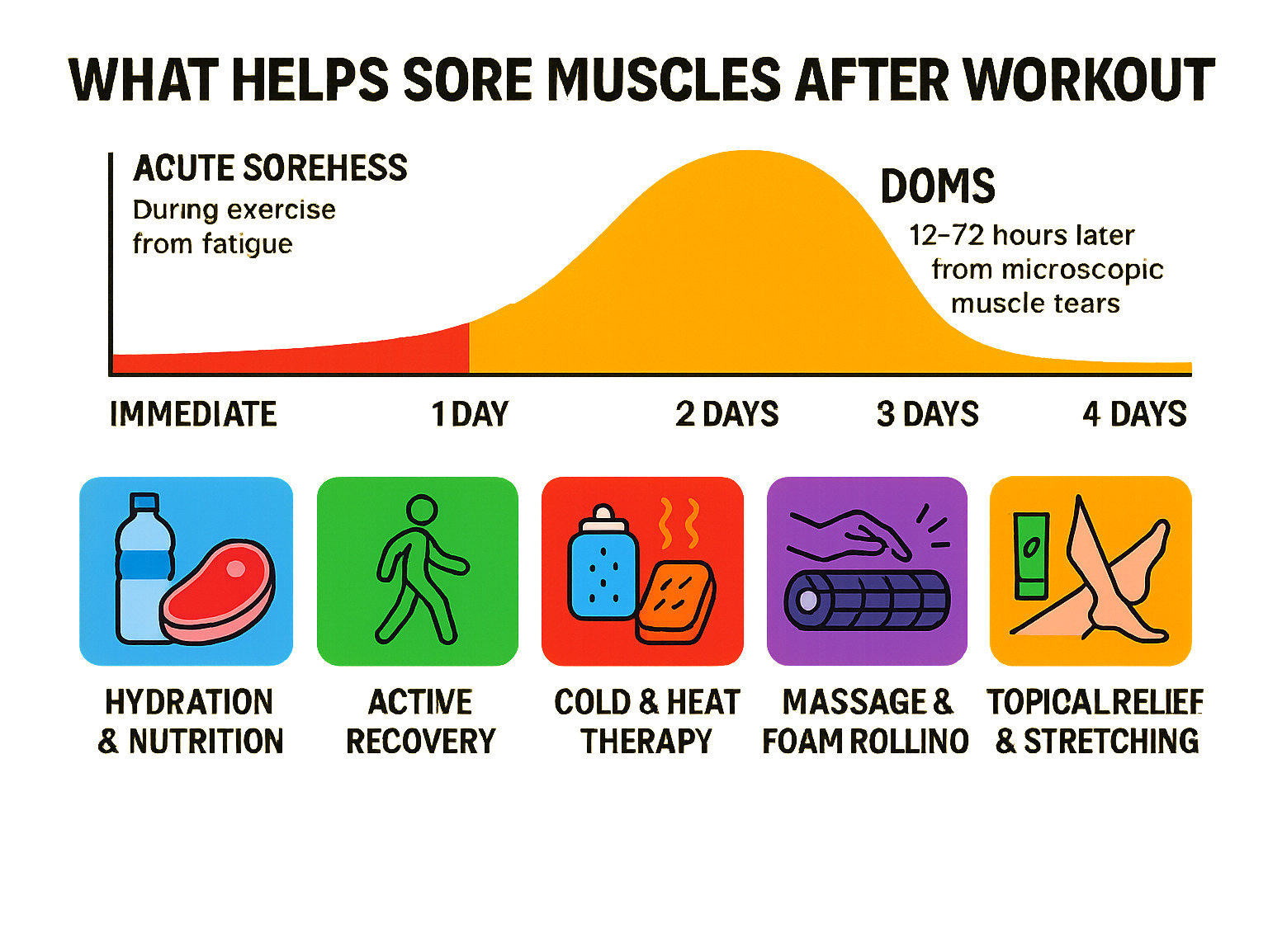 infographic showing timeline of muscle soreness from immediate post-workout through 5 days, comparing acute soreness (during exercise from fatigue) versus DOMS (12-72 hours later from microscopic muscle tears), with recovery strategies mapped to optimal timing - what helps sore muscles after workout infographic 