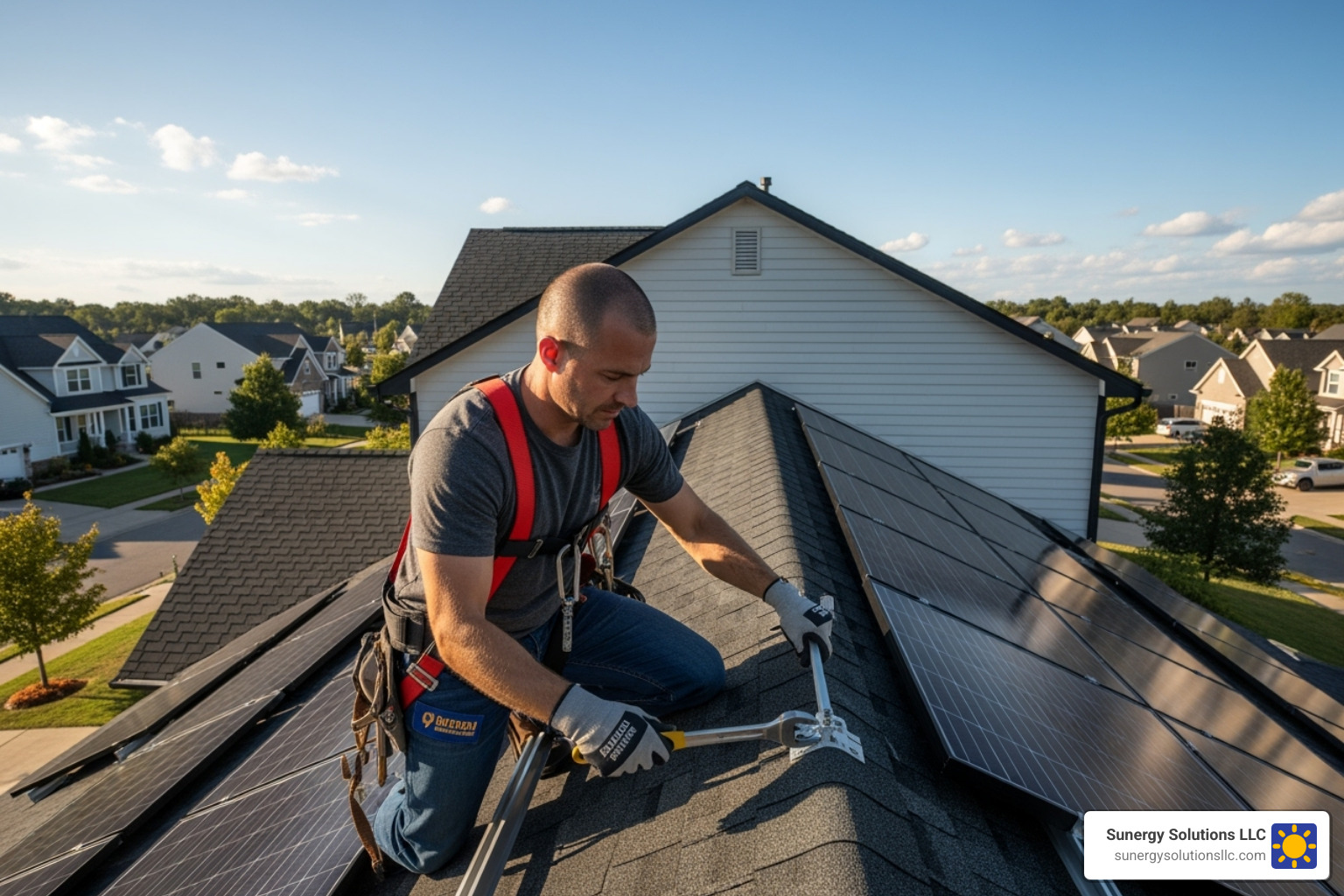 Solar installation professional on a roof, carefully adjusting a panel - best solar installers massachusetts