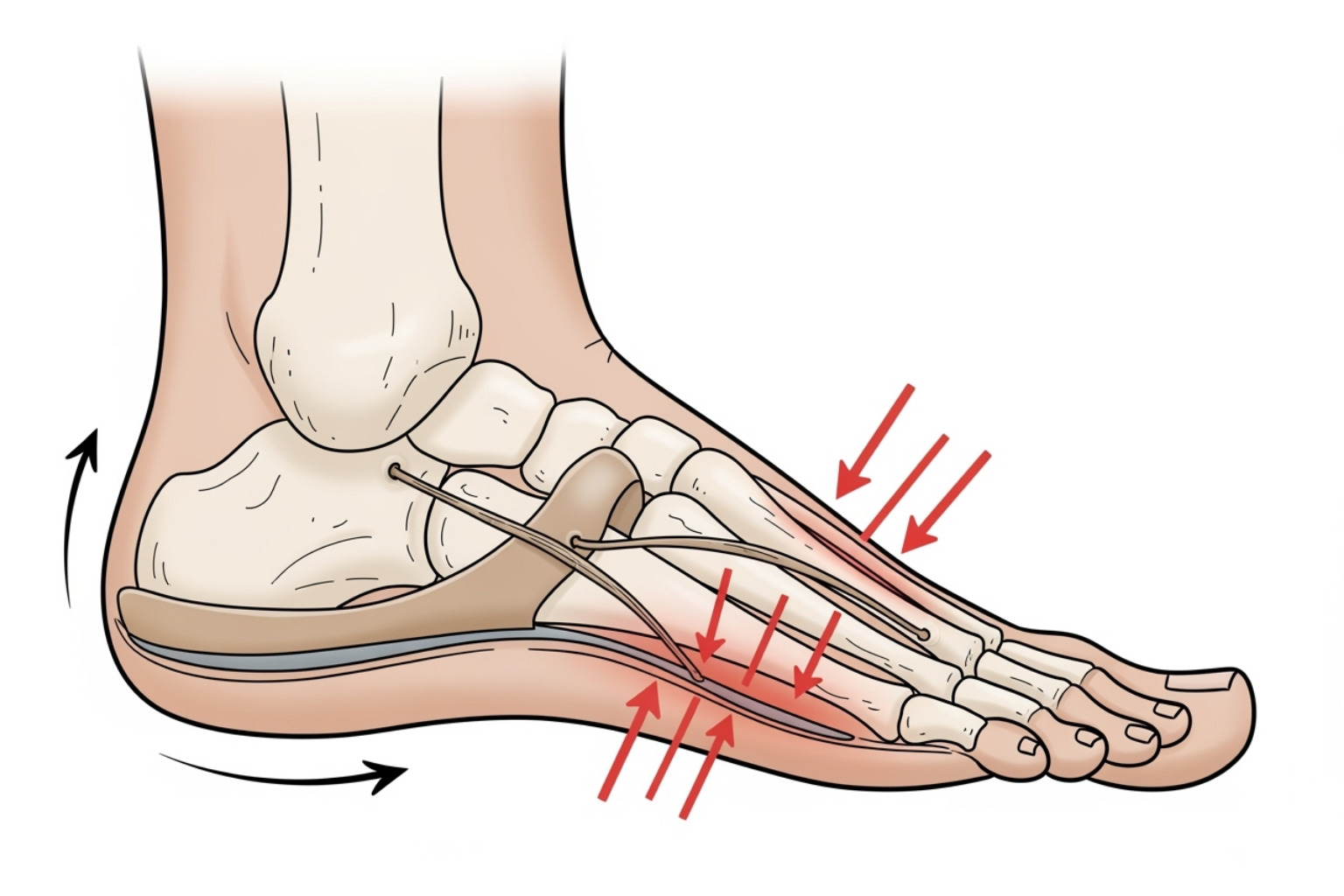 Illustration depicting stress on the plantar fascia during the running gait cycle, showing the foot's arch flattening and then recoiling, with arrows indicating tension points - what is plantar fasciitis