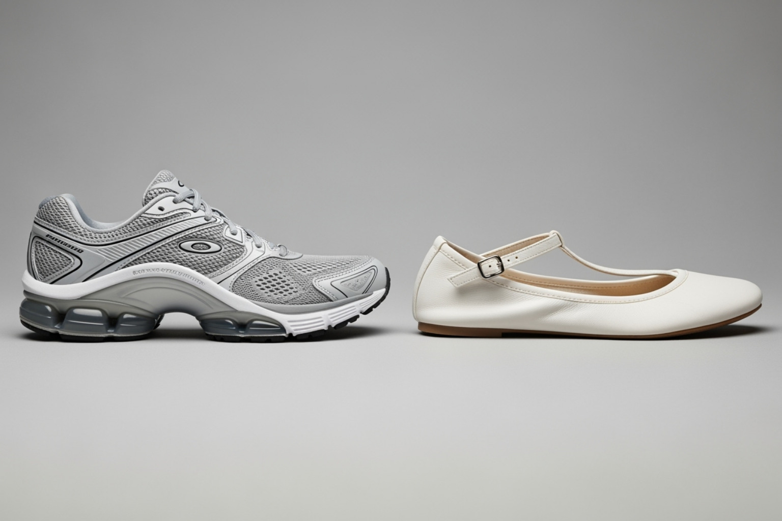 Image comparing a supportive athletic shoe with ample cushioning and arch support next to a flat, unsupportive sandal or ballet flat - what is plantar fasciitis