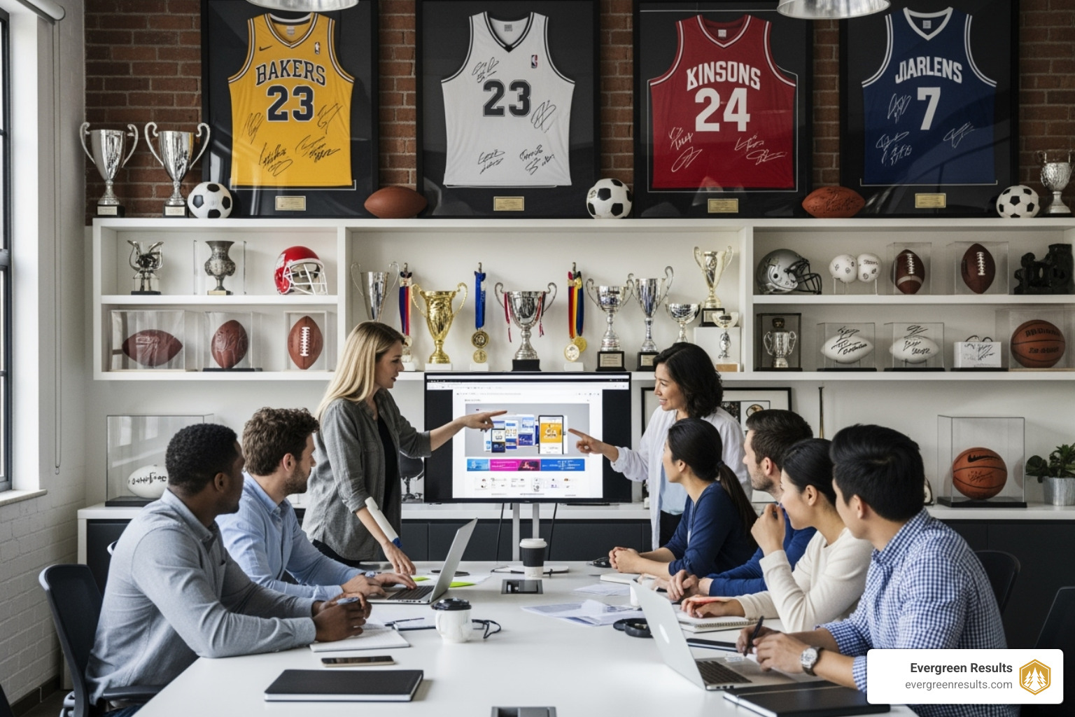A marketing team brainstorming in a creative space with sports memorabilia in the background - sports and lifestyle marketing agency