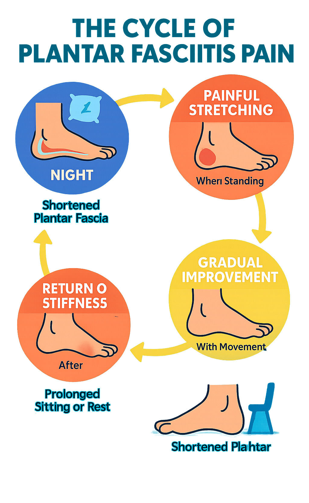 Infographic showing the cycle of plantar fasciitis pain: foot at rest with shortened plantar fascia during sleep, followed by painful stretching when standing, then painful stretching when standing, then gradual improvement with movement throughout the day, and return of stiffness after prolonged sitting or rest - what is plantar fasciitis infographic