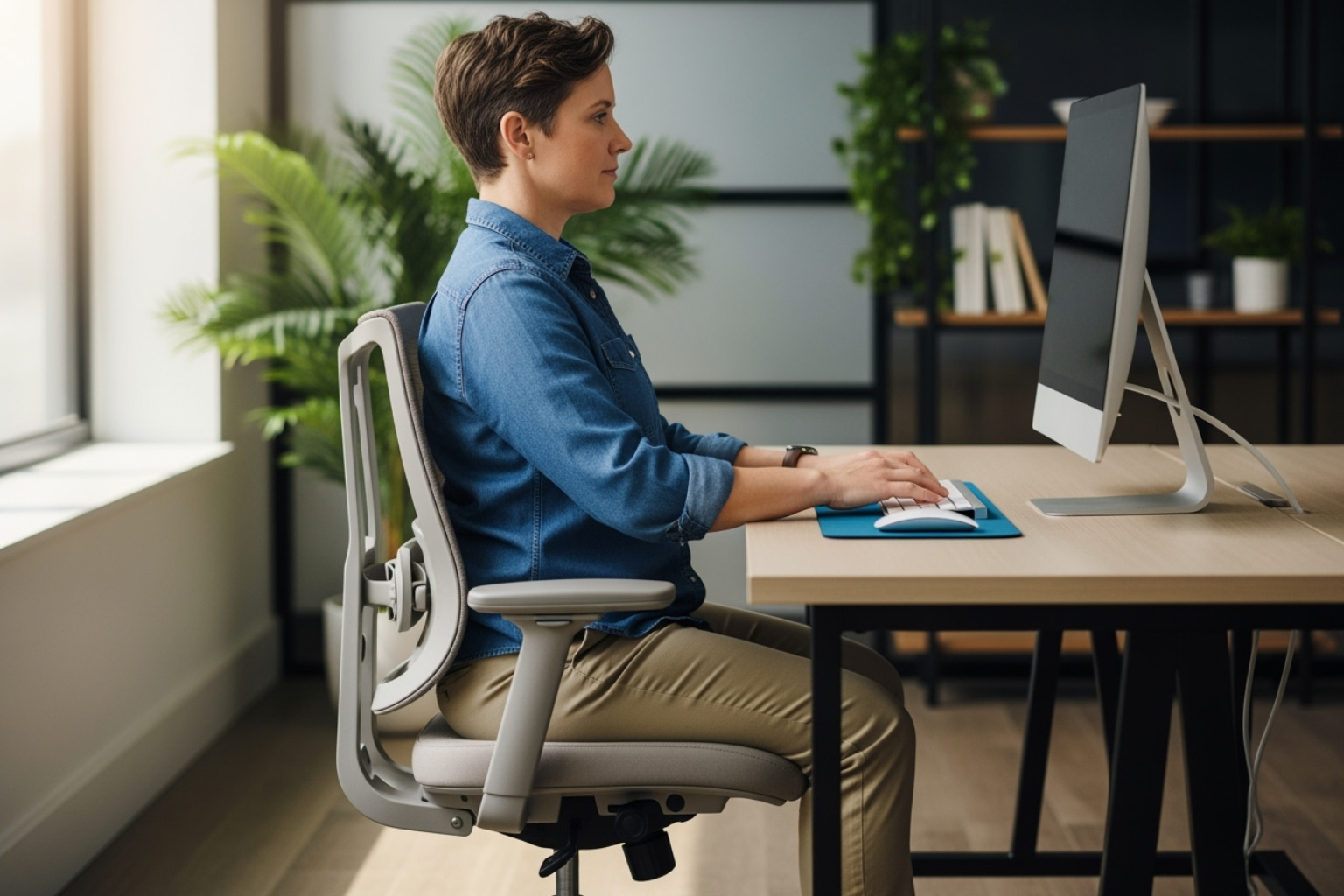 demonstrating proper posture for sitting at a desk - sciatica pain symptoms