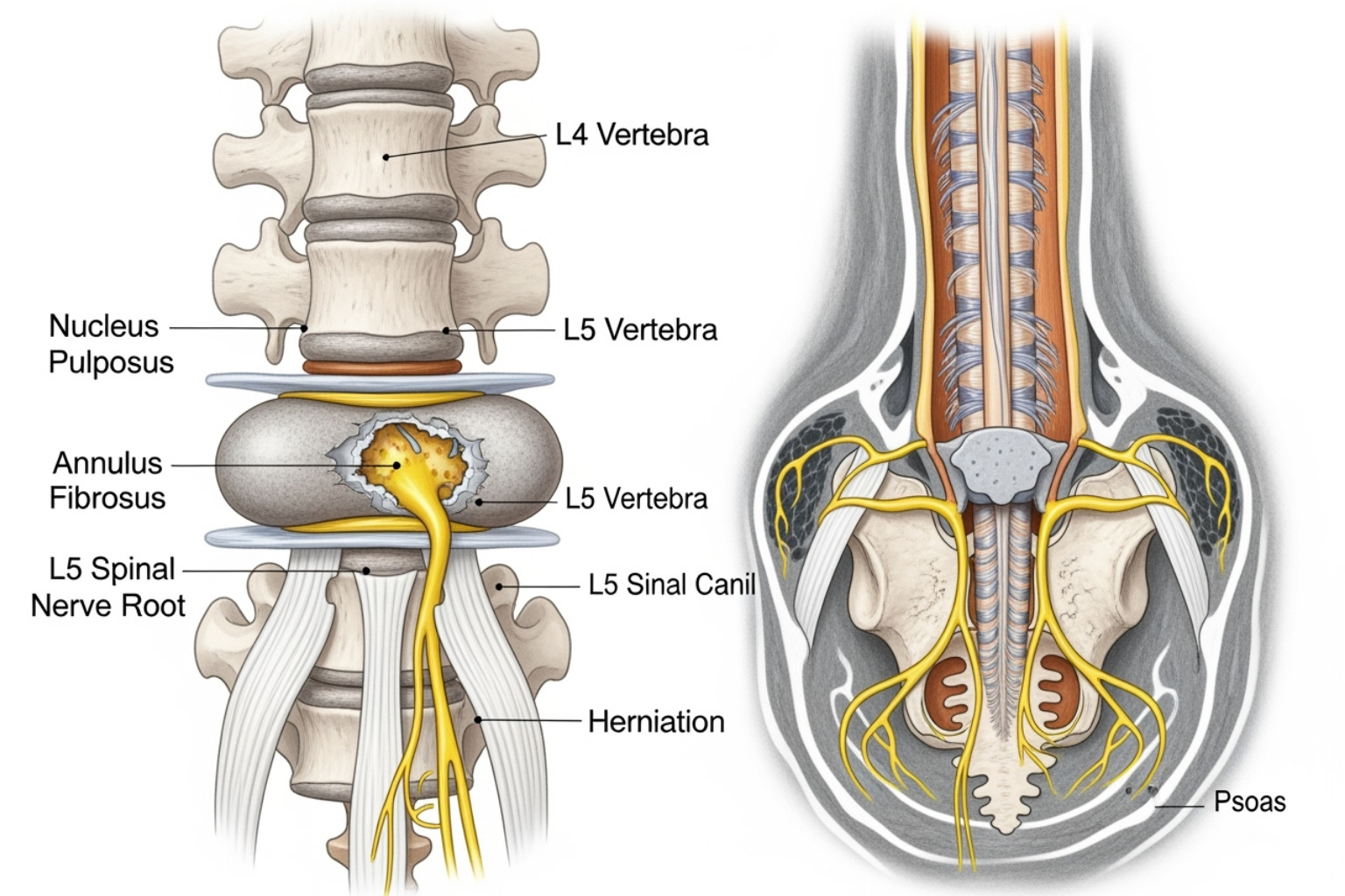of a herniated disc pressing on a spinal nerve root - sciatica pain symptoms