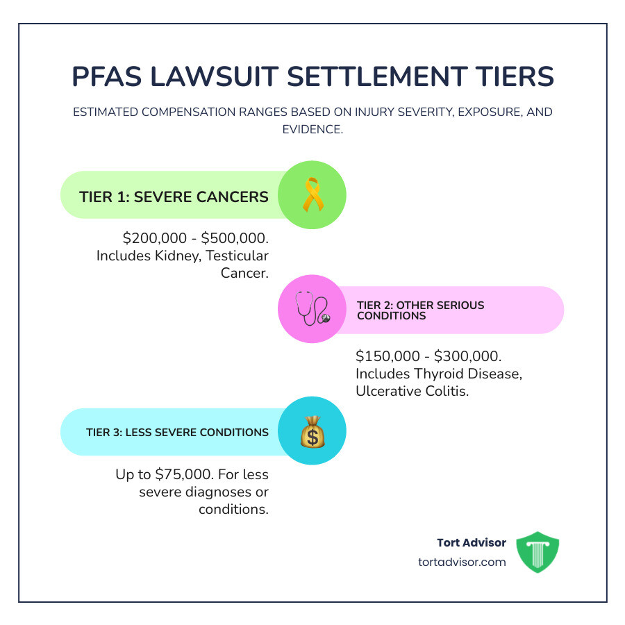 Detailed breakdown of PFAS settlement amounts per person showing three tiers of compensation based on injury severity, exposure duration, and evidence strength with specific dollar ranges for each category - pfas lawsuit settlement amounts per person infographic infographic-line-3-steps-colors