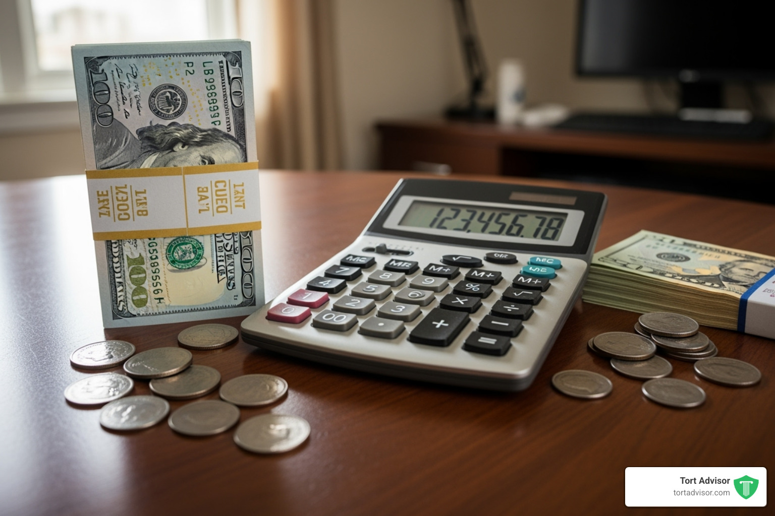 Calculator and money symbolizing settlement calculations - pfas lawsuit settlement amounts per person