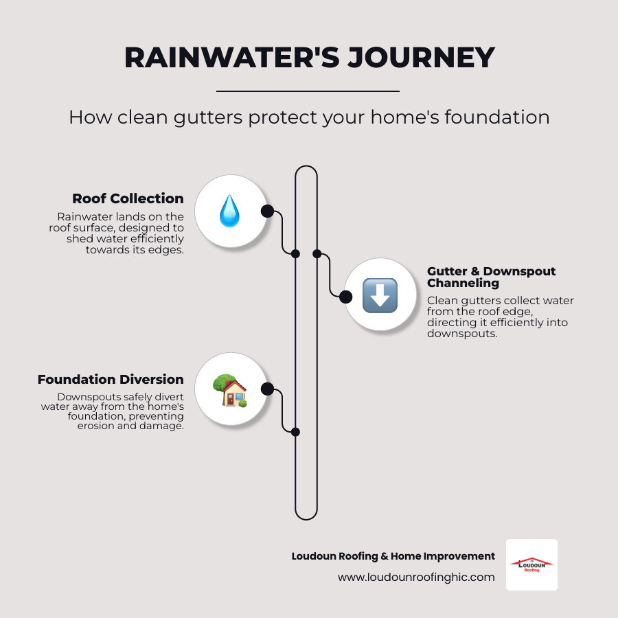 Detailed infographic showing rainwater journey from roof through clean gutters and downspouts to proper drainage away from home foundation, highlighting the importance of unobstructed water flow - Roof and gutter cleaning infographic infographic-line-3-steps-neat_beige