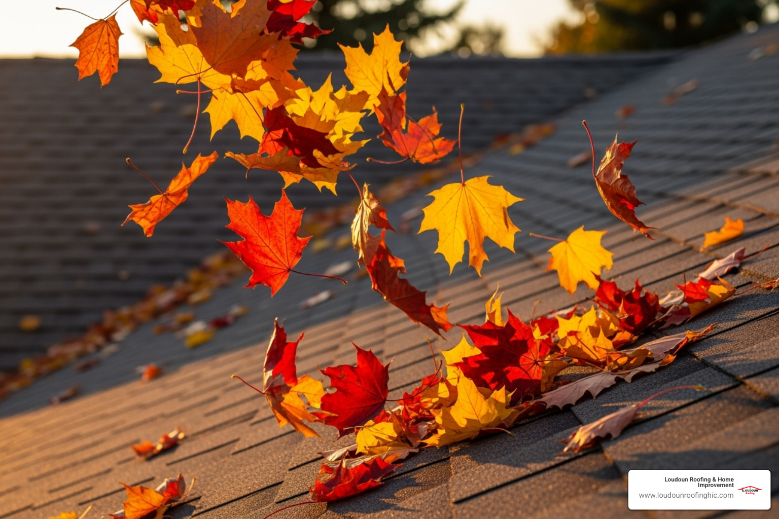 Autumn leaves falling onto a roof - Roof and gutter cleaning