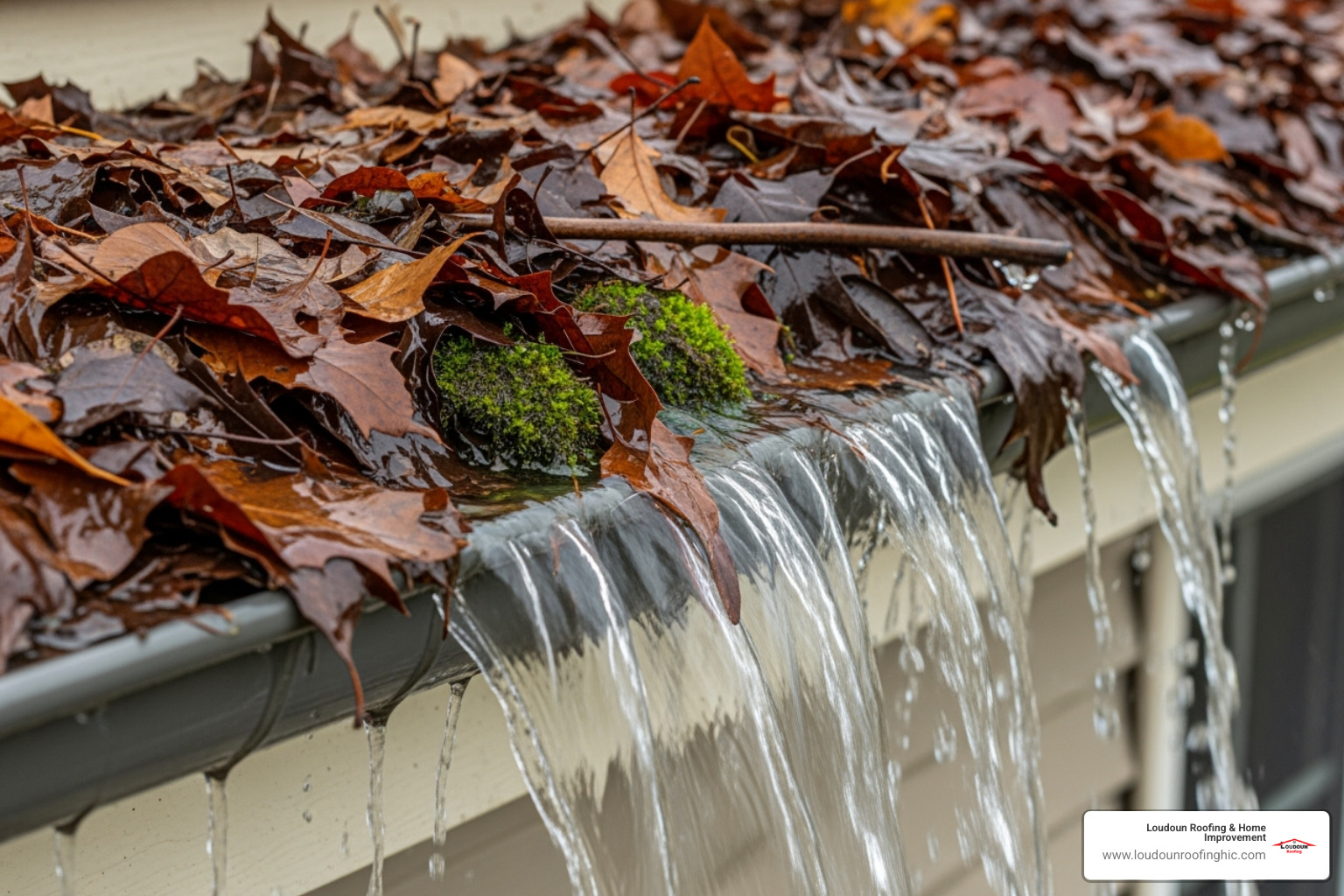 Clogged gutter overflowing with leaves and debris - Roof and gutter cleaning