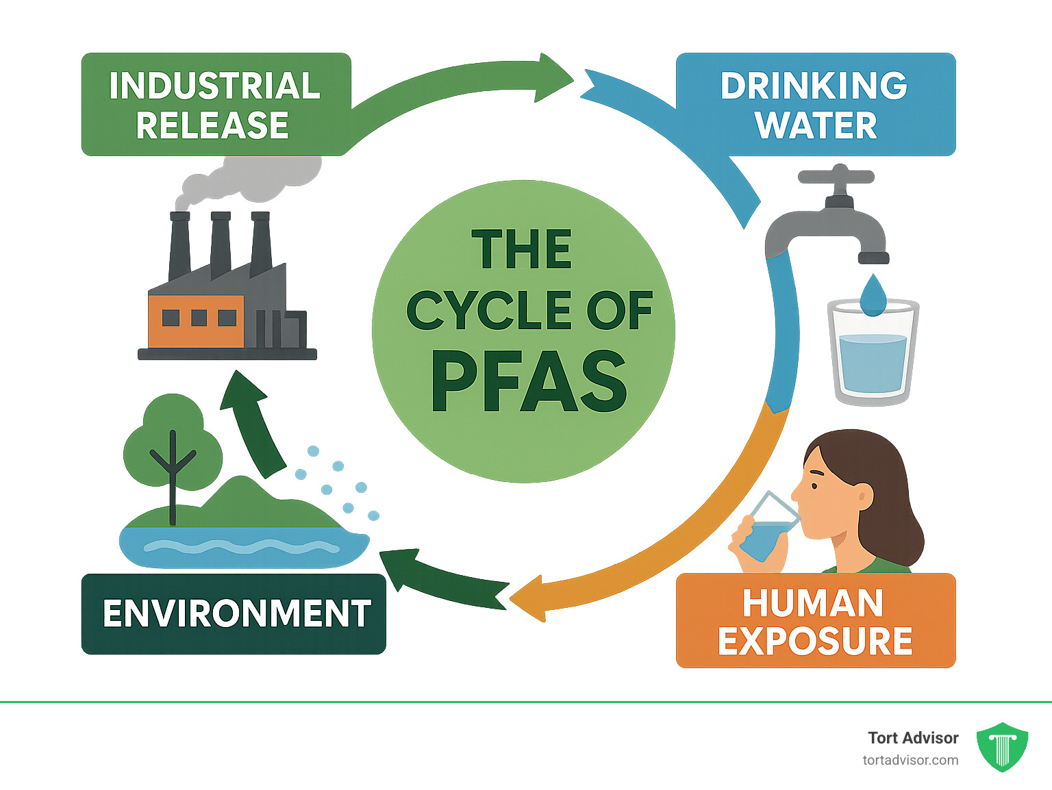 Infographic explaining the cycle of PFAS from industrial release to human exposure through drinking water - pfas lawsuit settlement amounts per person infographic 