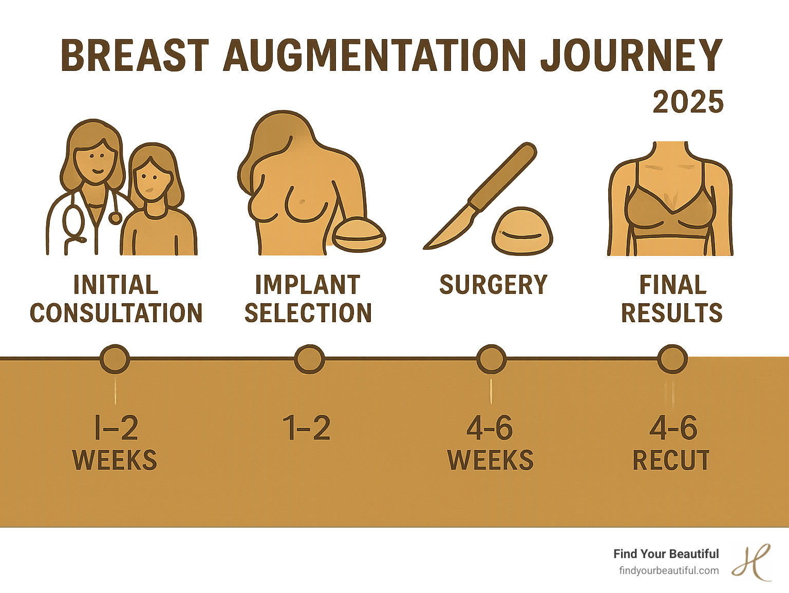 Infographic showing the breast augmentation journey from initial consultation through implant selection, surgery, recovery phases, and final results with timeline markers at key stages - Breast Augmentation - Long-Tail/CTR infographic 