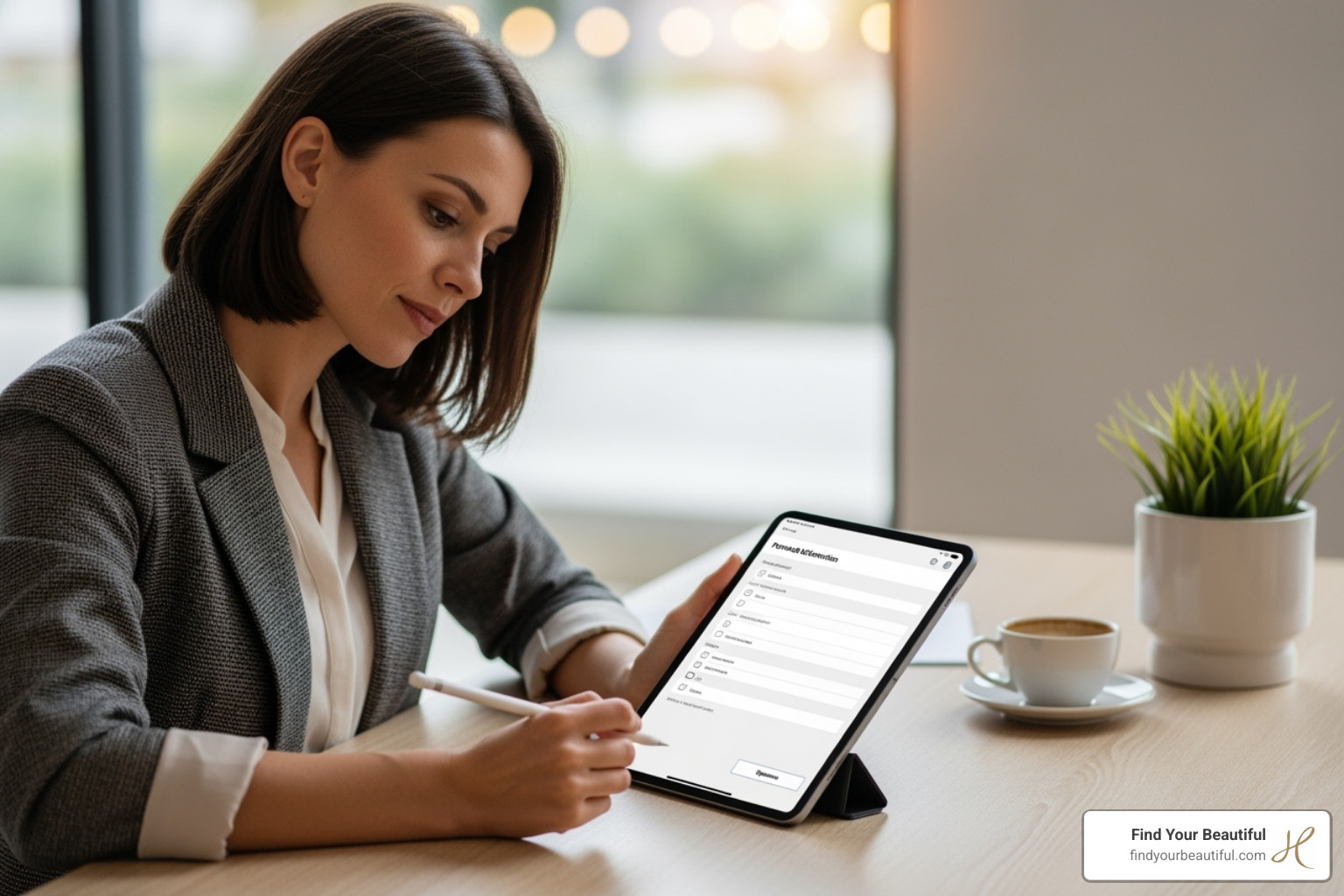 A woman confidently filling out a form on a tablet - breast augmentation financing san antonio A woman confidently filling out a form on a tablet - breast augmentation financing san antonio