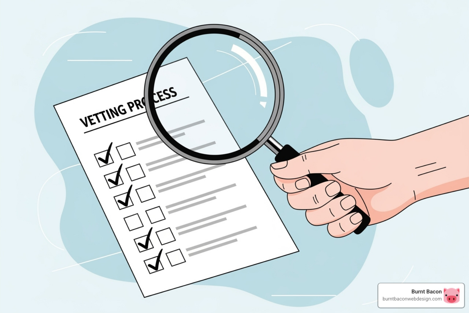 A stylized image showing a hand holding a magnifying glass over a checklist with various boxes checked, representing the thorough vetting process for an SEO agency. - seo agency utah