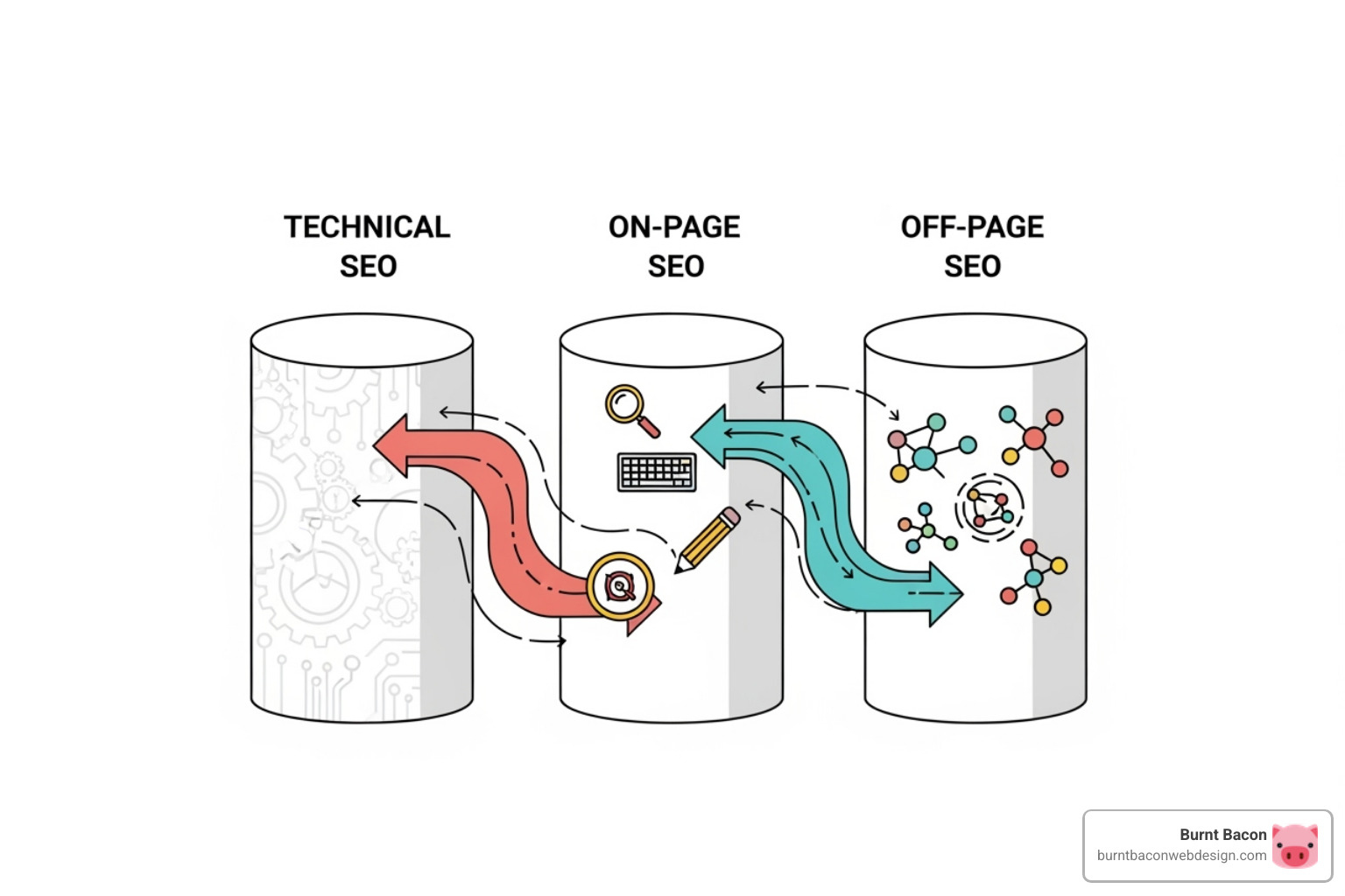 A diagram showing three interconnected pillars labeled "Technical SEO," "On-Page SEO," and "Off-Page SEO" with arrows indicating their synergy in achieving comprehensive SEO success. - seo agency utah