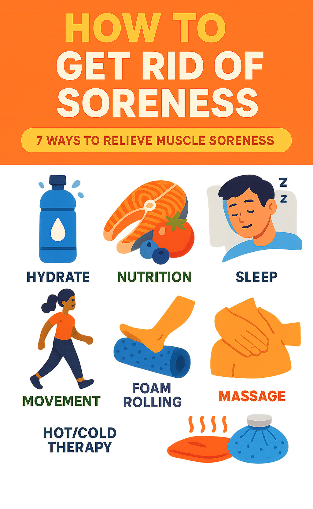 Infographic detailing 7 quick methods to relieve muscle soreness including hydration, nutrition, sleep, movement, foam rolling, massage, and hot/cold therapy. - how to get rid of soreness infographic  Infographic detailing 7 quick methods to relieve muscle soreness including hydration, nutrition, sleep, movement, foam rolling, massage, and hot/cold therapy. - how to get rid of soreness infographic