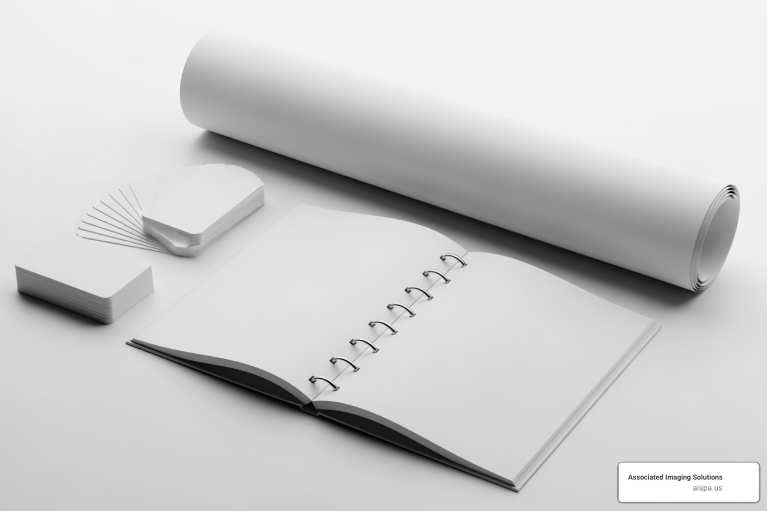 collection of professionally printed business materials including business cards, a large banner, and a bound booklet - commercial printers near me