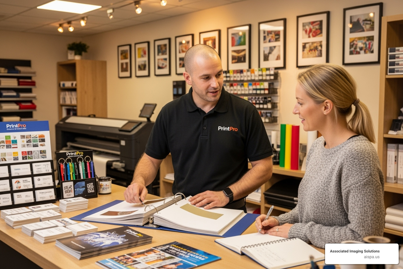 customer consulting with a print expert over a counter with paper samples - commercial printers near me