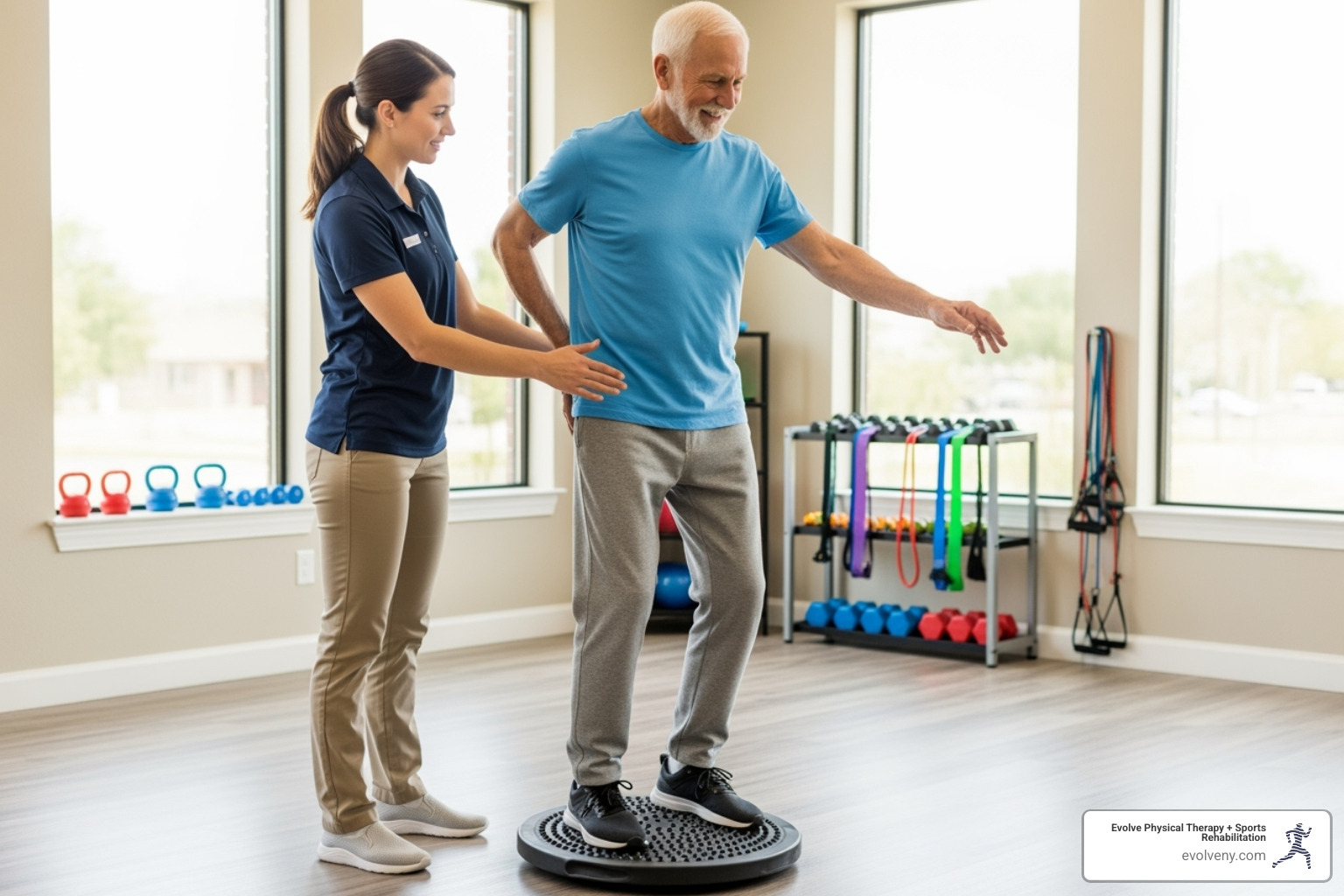 Physical therapist working one-on-one with a smiling senior patient on balance exercises - Physical therapy and wellness