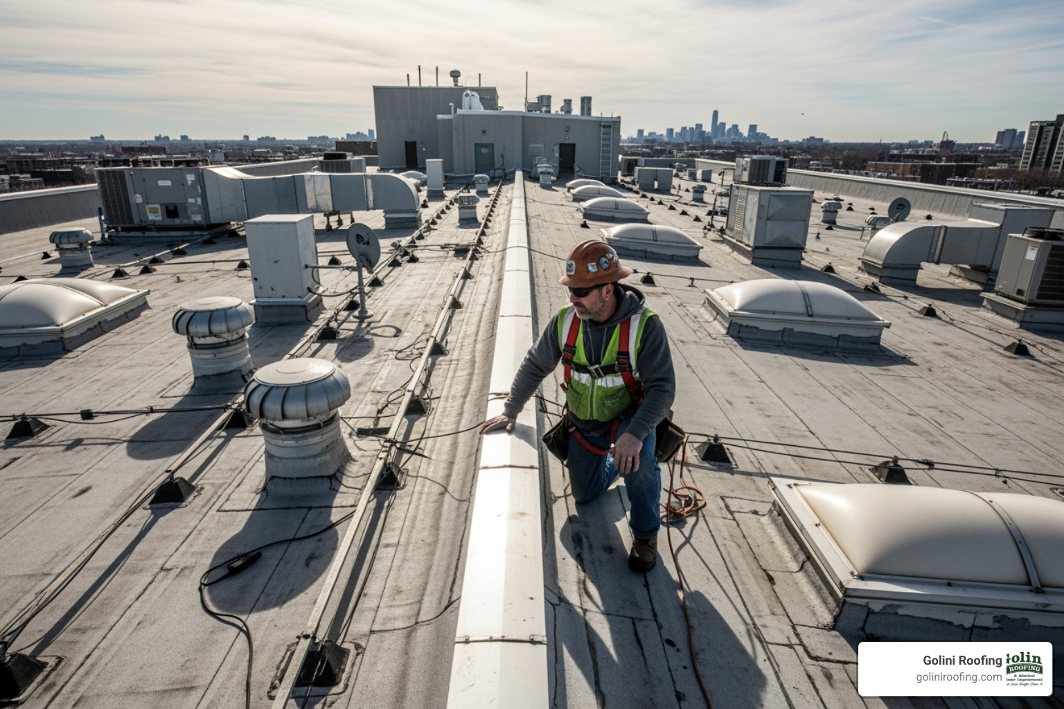 A professional roofer in safety gear inspecting a large flat roof, highlighting the scale and complexity that often requires expert intervention. - roof leak repair flat roof A professional roofer in safety gear inspecting a large flat roof, highlighting the scale and complexity that often requires expert intervention. - roof leak repair flat roof
