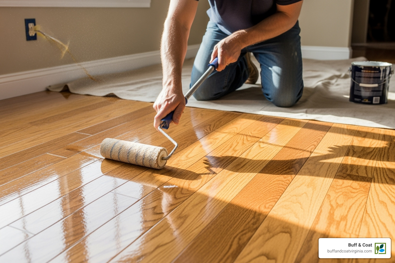 A person applying a new coat of polyurethane with a roller to a hardwood floor - buffing a hardwood floor A person applying a new coat of polyurethane with a roller to a hardwood floor - buffing a hardwood floor