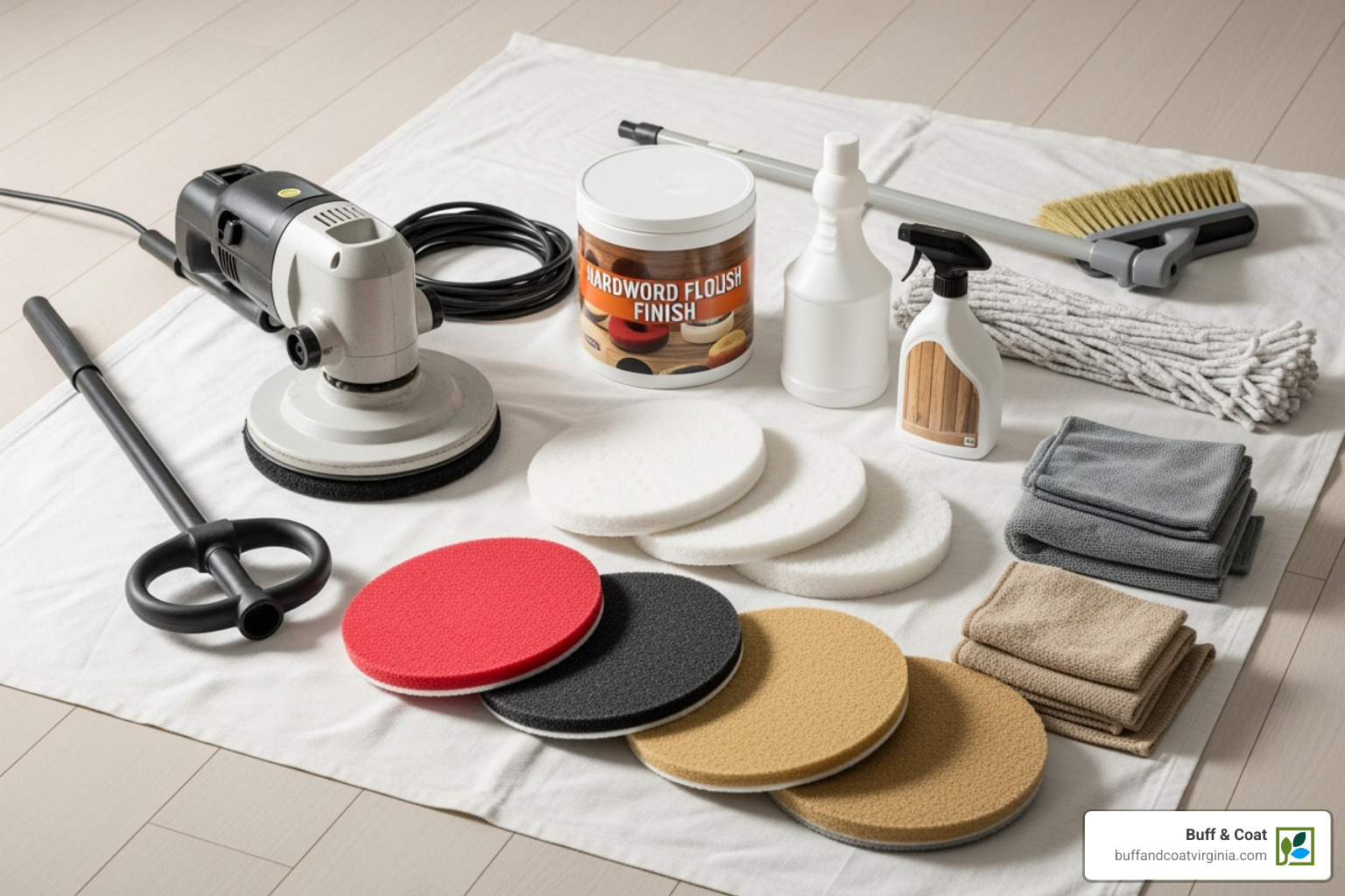 Tools and supplies for buffing hardwood floors neatly arranged on a drop cloth - buffing a hardwood floor Tools and supplies for buffing hardwood floors neatly arranged on a drop cloth - buffing a hardwood floor