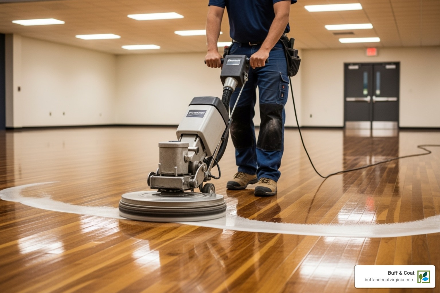 A person correctly operating a floor buffer on a hardwood floor - buffing a hardwood floor A person correctly operating a floor buffer on a hardwood floor - buffing a hardwood floor
