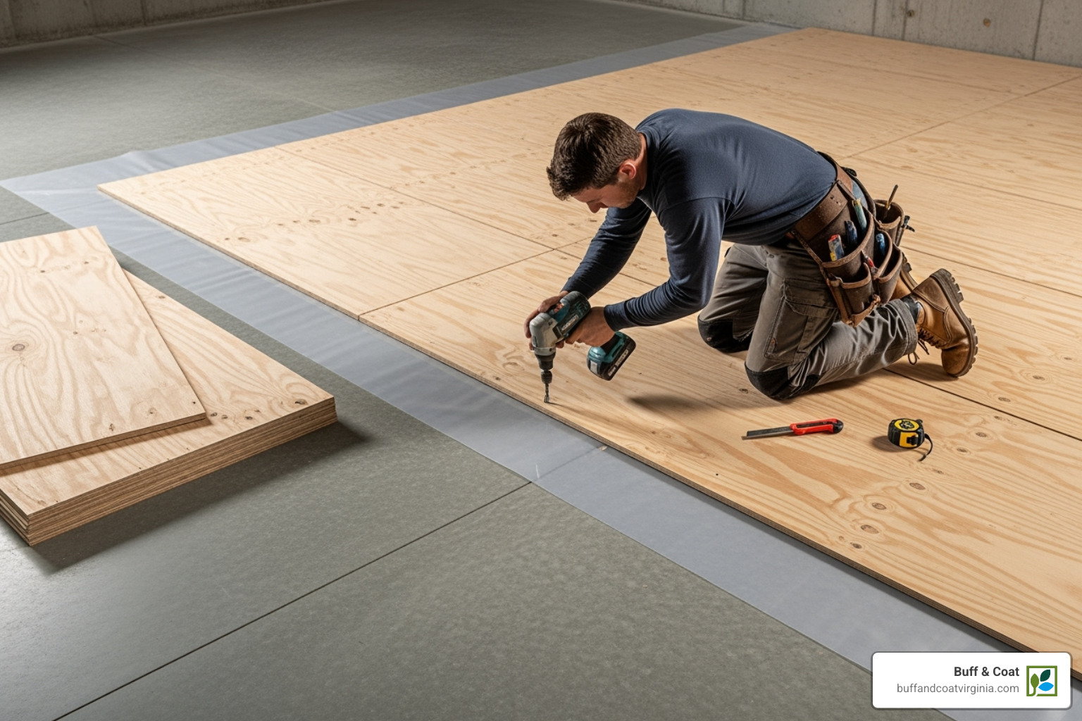 Plywood subfloor being fastened over a vapor barrier on concrete - solid wood floor on concrete Plywood subfloor being fastened over a vapor barrier on concrete - solid wood floor on concrete