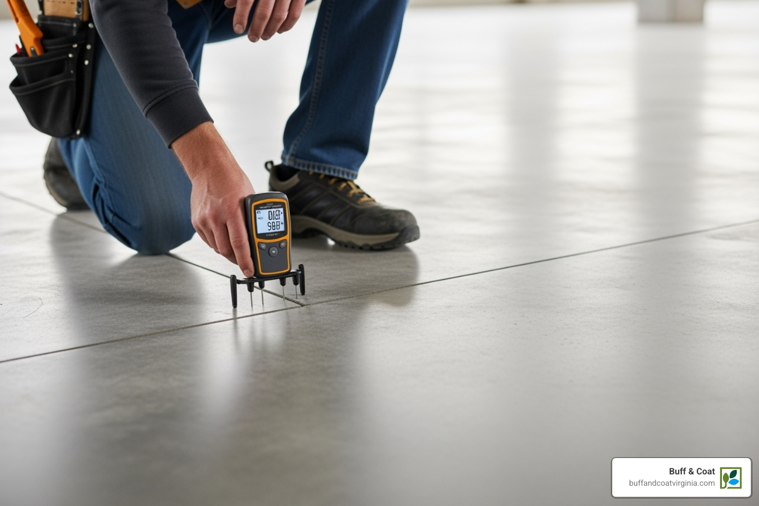 Professional using a digital moisture meter on a concrete slab - solid wood floor on concrete Professional using a digital moisture meter on a concrete slab - solid wood floor on concrete