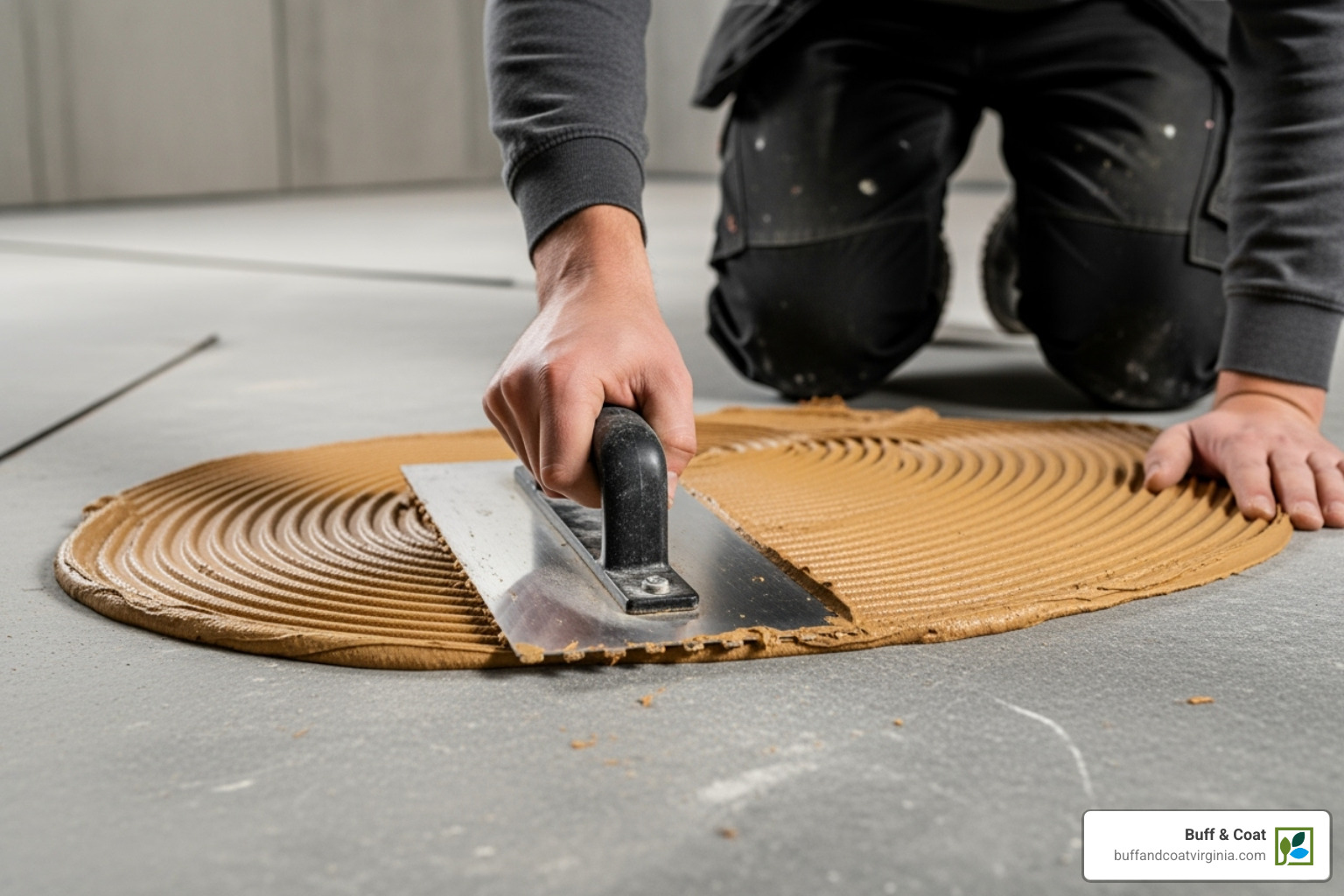 Professional troweling specialized adhesive onto a concrete floor - solid wood floor on concrete Professional troweling specialized adhesive onto a concrete floor - solid wood floor on concrete