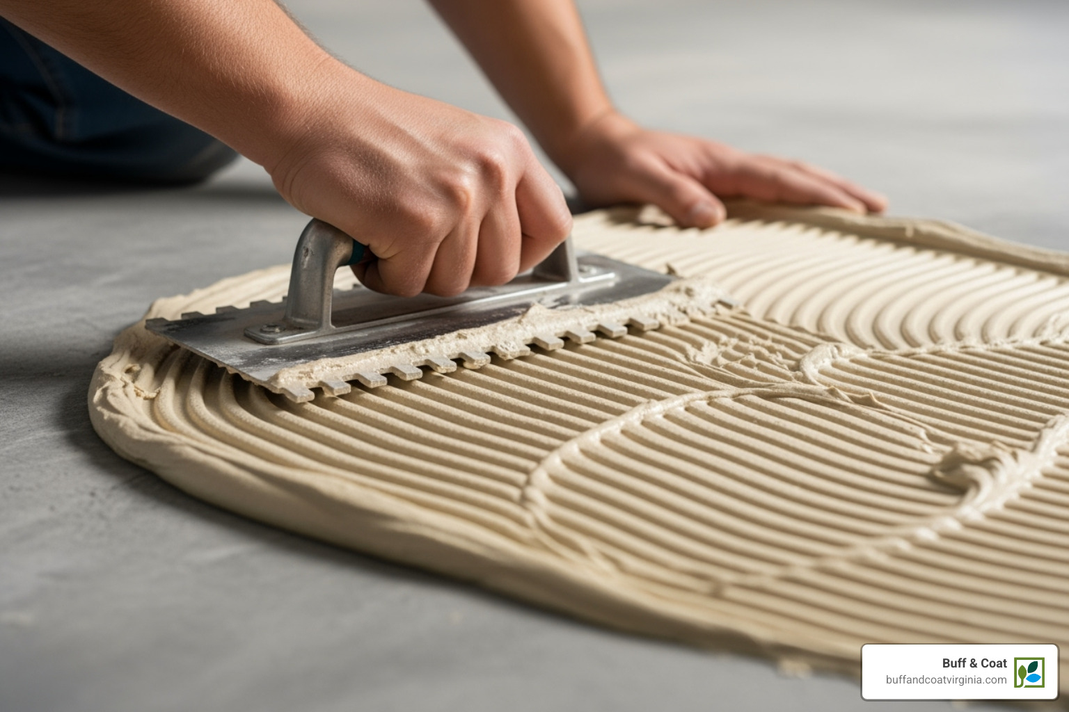 professional installer applying adhesive with a notched trowel - install wood flooring on concrete professional installer applying adhesive with a notched trowel - install wood flooring on concrete