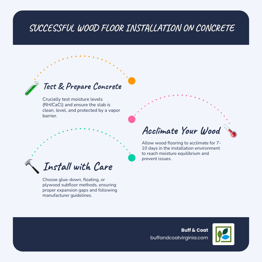 Infographic showing the 4 key stages of installing wood flooring on concrete: Test concrete moisture levels and grade, Prepare surface by cleaning and leveling with vapor barrier installation, Acclimate wood flooring for 7-10 days in installation environment, Install using glue-down floating or plywood subfloor method with proper expansion gaps - install wood flooring on concrete infographic infographic-line-3-steps-blues-accent_colors Infographic showing the 4 key stages of installing wood flooring on concrete: Test concrete moisture levels and grade, Prepare surface by cleaning and leveling with vapor barrier installation, Acclimate wood flooring for 7-10 days in installation environment, Install using glue-down floating or plywood subfloor method with proper expansion gaps - install wood flooring on concrete infographic infographic-line-3-steps-blues-accent_colors