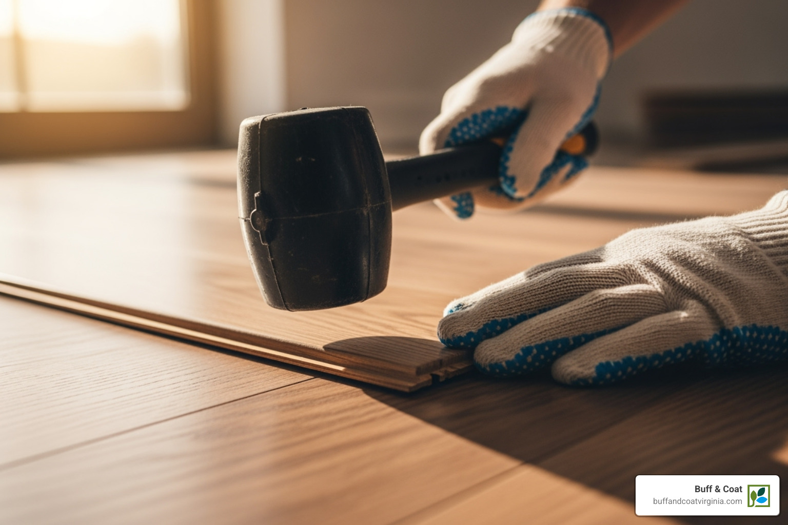 New hardwood board being carefully tapped into place with a rubber mallet - hardwood floor board replacement New hardwood board being carefully tapped into place with a rubber mallet - hardwood floor board replacement