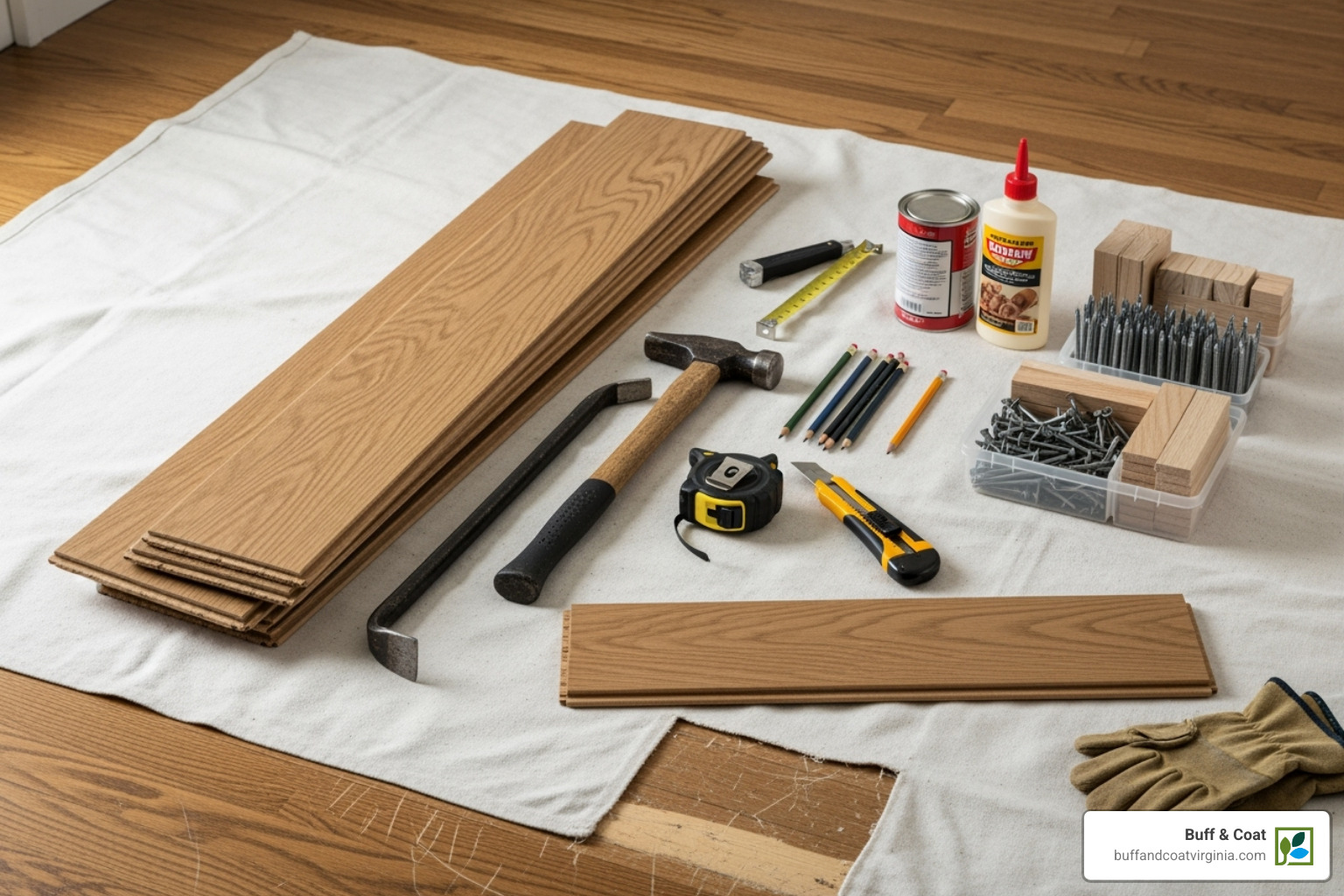 Tools and materials for hardwood floor board replacement laid out on a drop cloth - hardwood floor board replacement Tools and materials for hardwood floor board replacement laid out on a drop cloth - hardwood floor board replacement